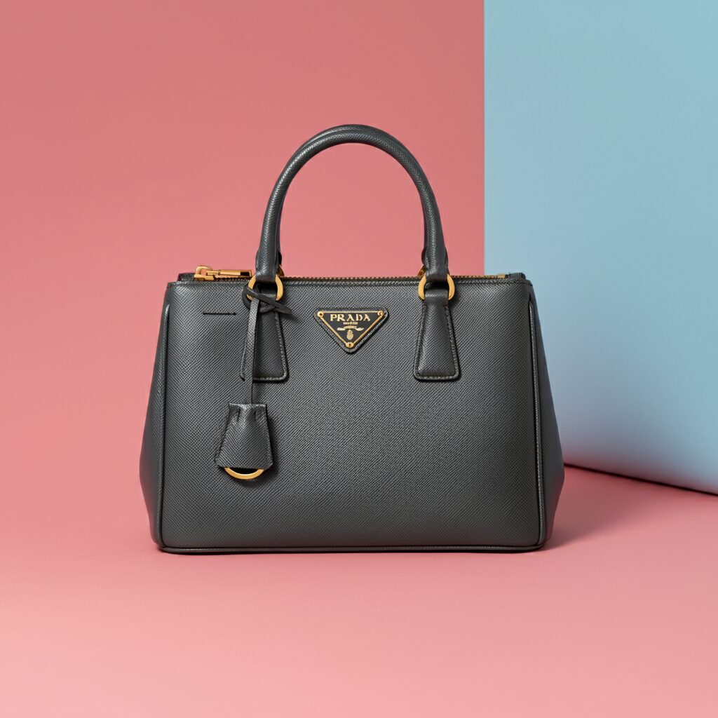 A black Prada Galleria bag on a pink and blue background.