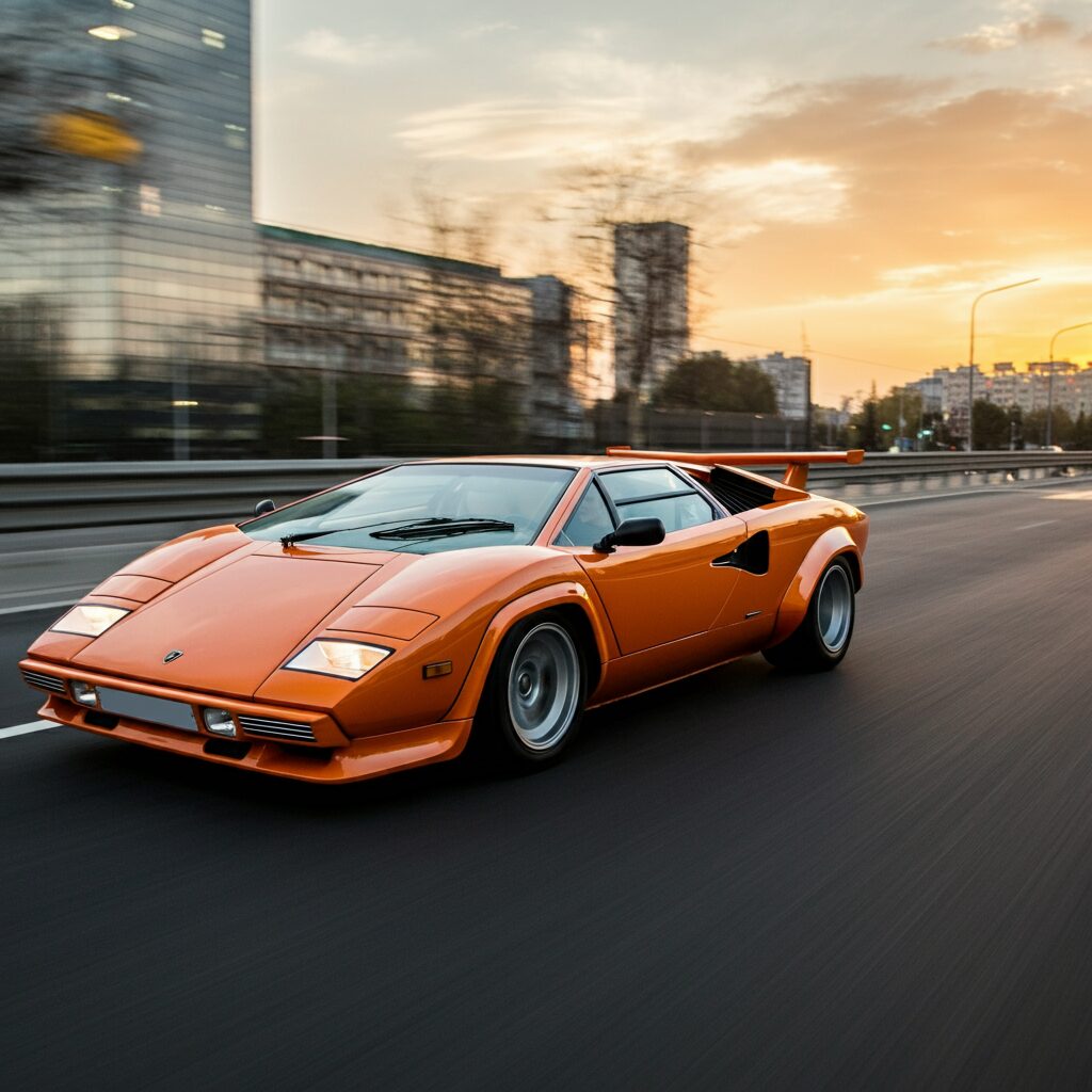 An orange Lamborghini Countach drives on a highway at sunset, with city buildings in the background.