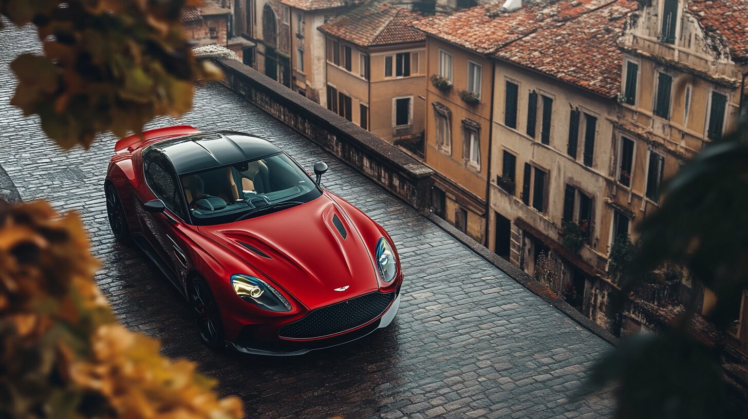 A red luxury sports car parked on a wet cobblestone street in an old European town with autumn leaves.