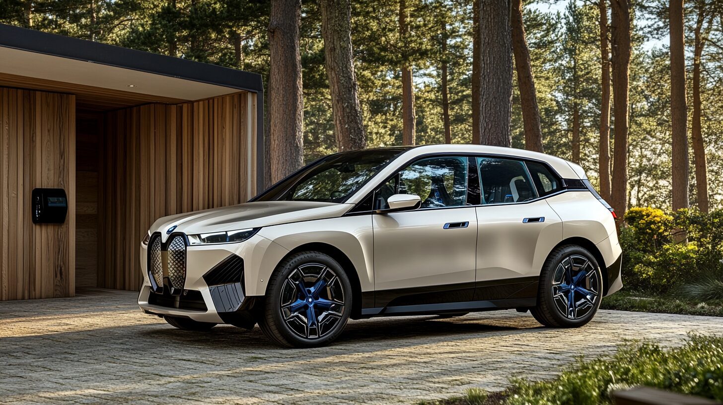 A beige BMW iX electric SUV parked in a driveway next to a modern wooden house with tall trees in the background.