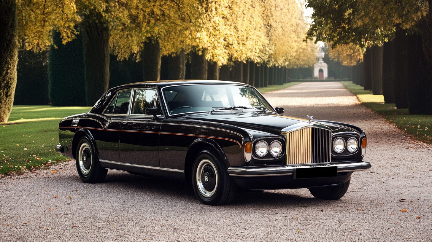 A black Bentley T2 sedan parked on a gravel driveway lined with golden autumn trees.
