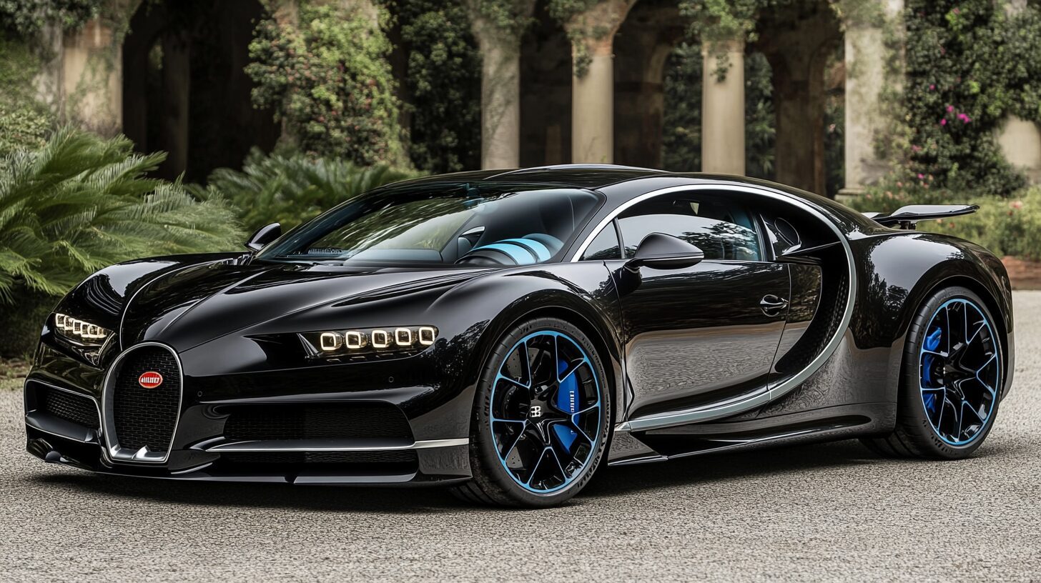 A sleek, black Bugatti Chiron with blue accents parked outdoors amidst lush greenery and classical architecture.