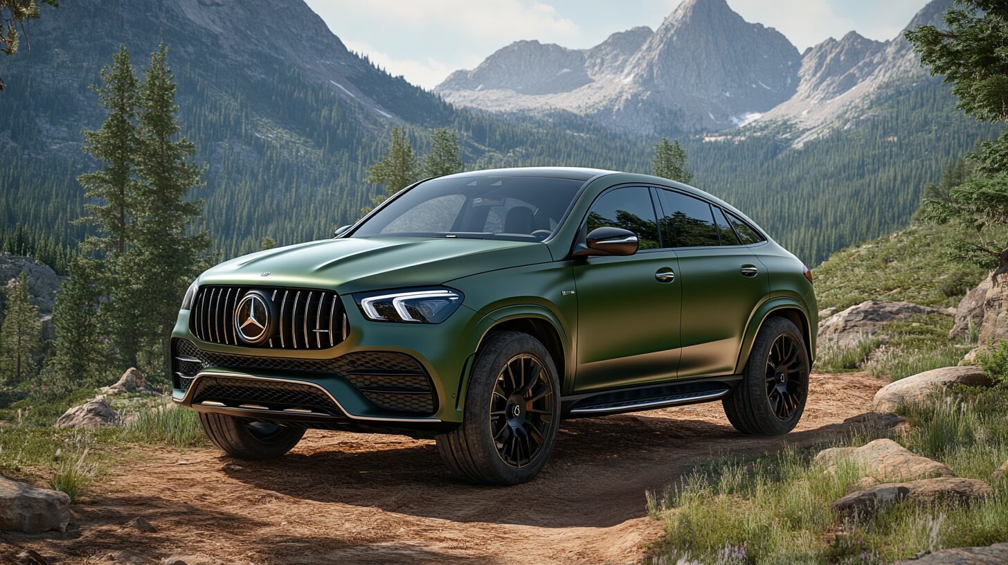 A dark green Mercedes-Benz GLE 63 S AMG Coupe parked on a dirt path in a mountainous forest.