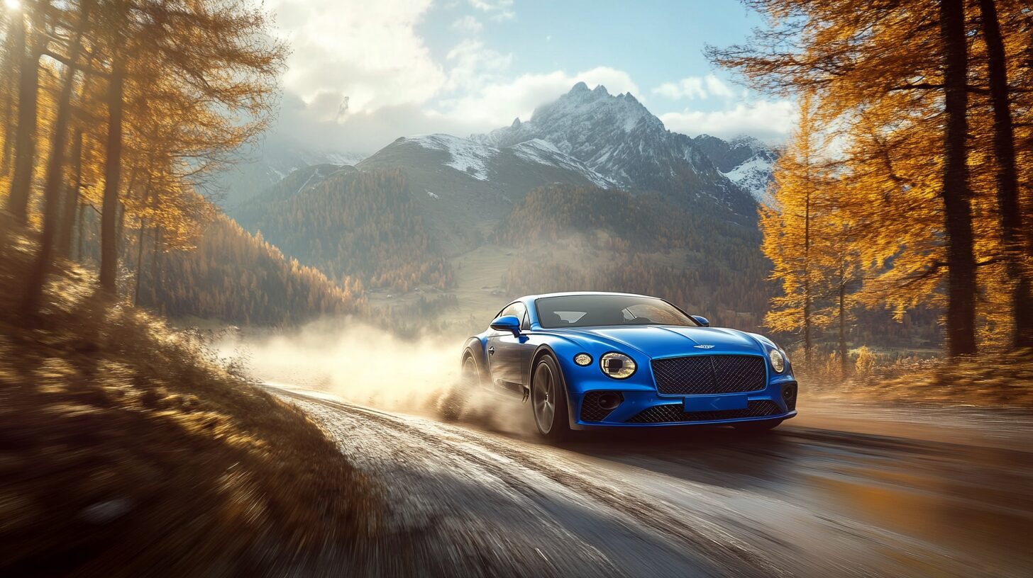 A blue Bentley Continental GT driving on a dirt road through an autumn mountain landscape.