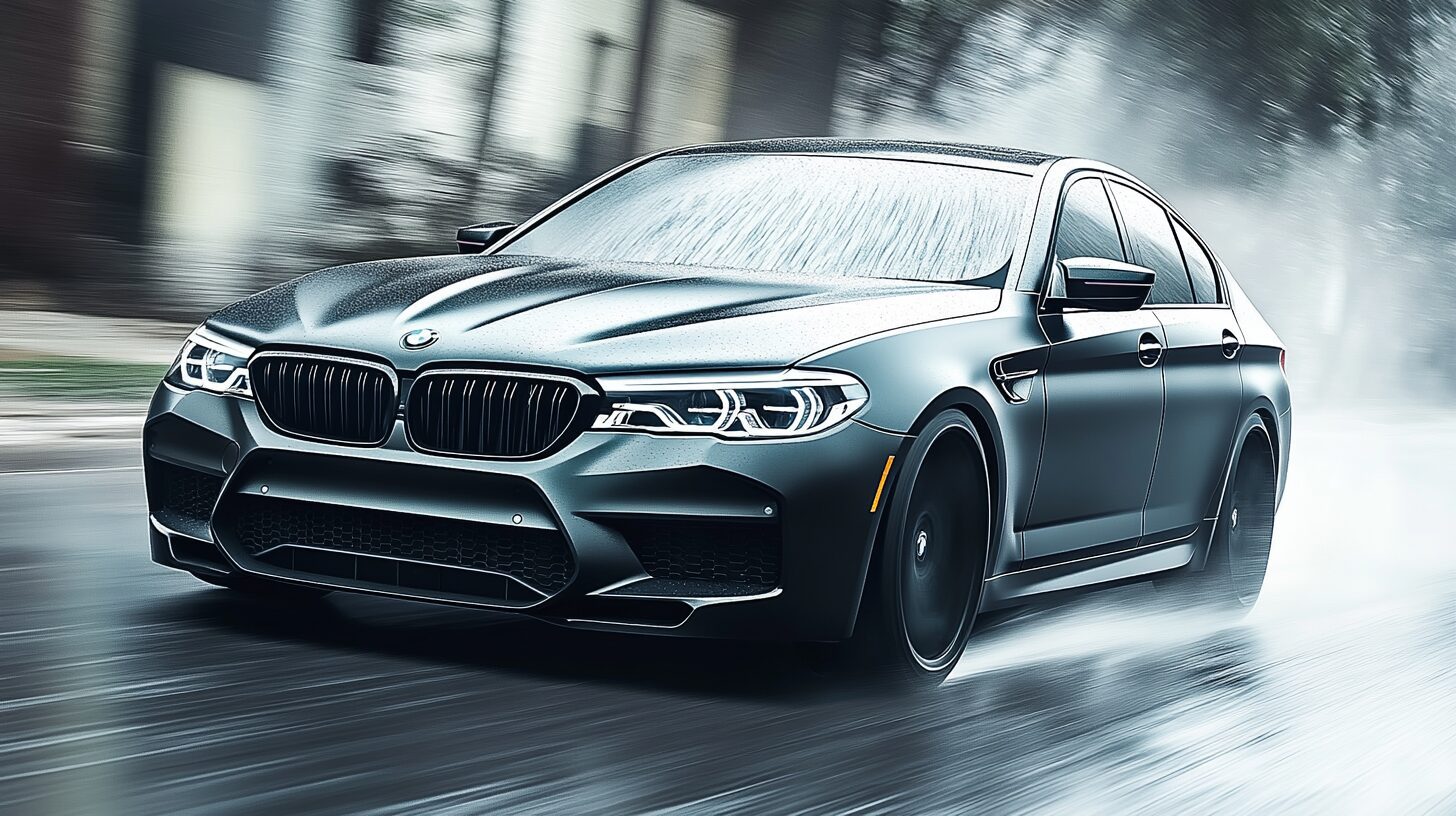 A dark gray BMW M5 sedan drives quickly on a wet road, with motion blur suggesting high speed.