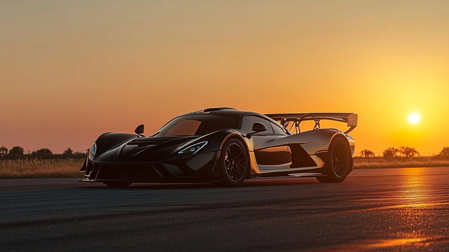 A sleek, black supercar with a large rear wing is parked on an asphalt road at sunset, with a golden sky.