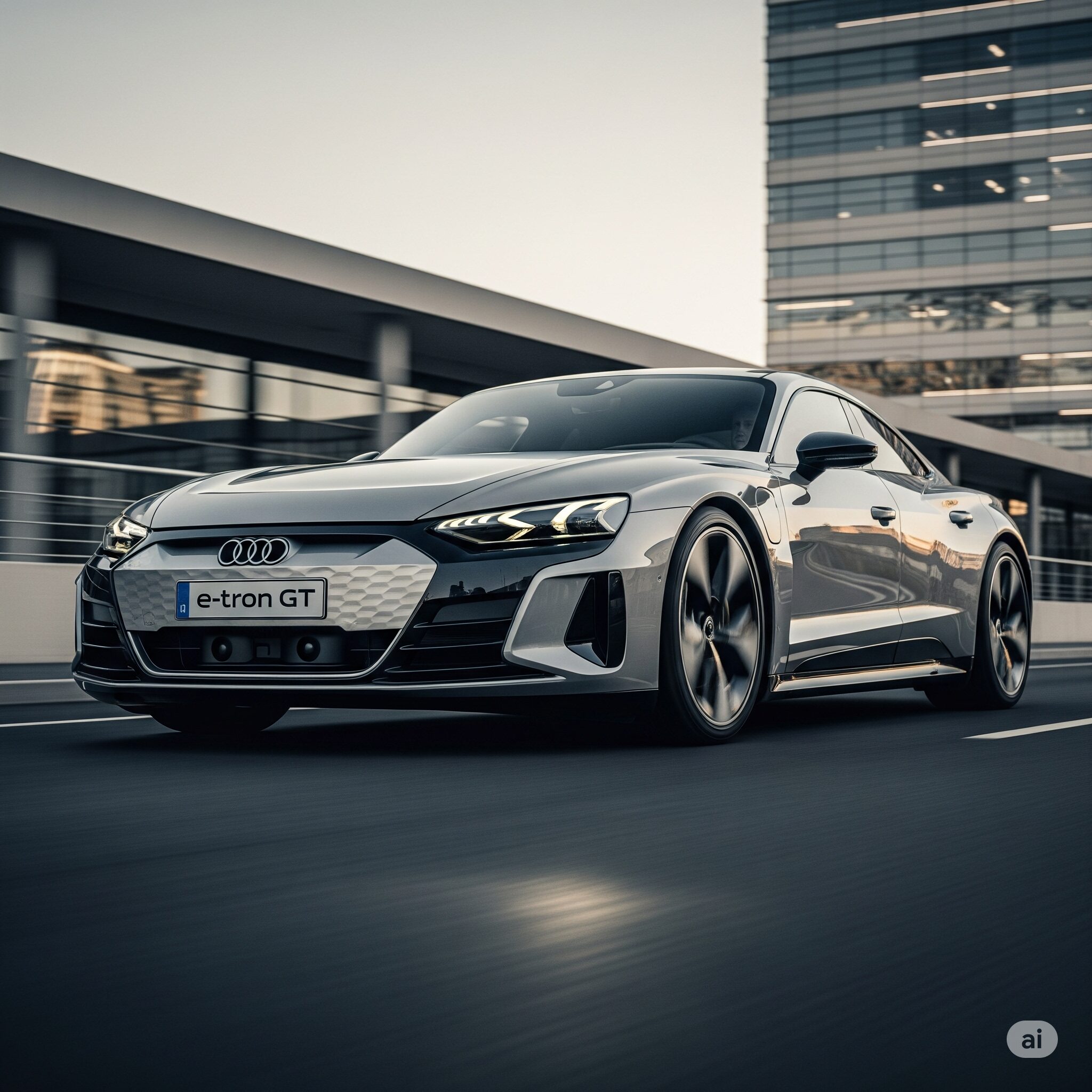 Audi e-tron GT electric grand tourer in a dynamic urban setting.