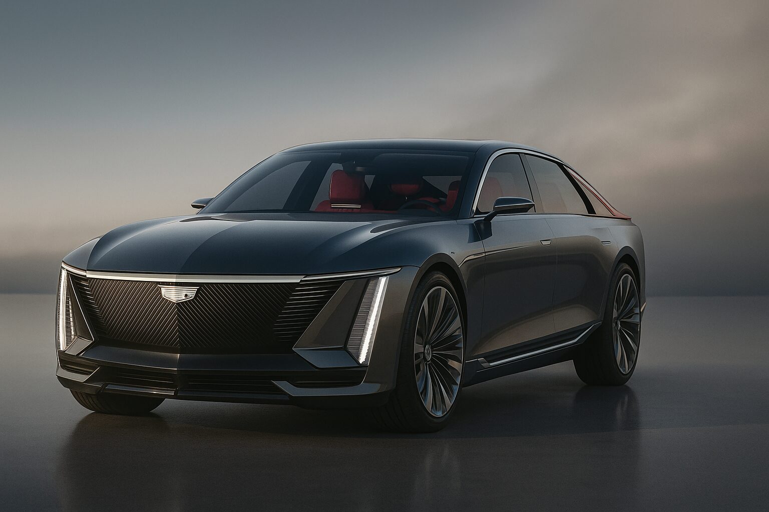 A charcoal gray Cadillac Celestiq electric luxury sedan with red interior, shown at a three-quarter angle on a reflective surface against a misty sky backdrop.