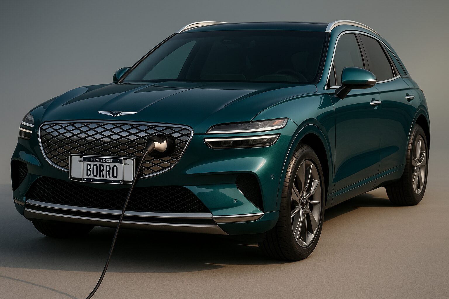 Front-angle view of a Genesis Electrified GV70 electric SUV in teal, shown plugged into a charging port against a gradient backdrop.