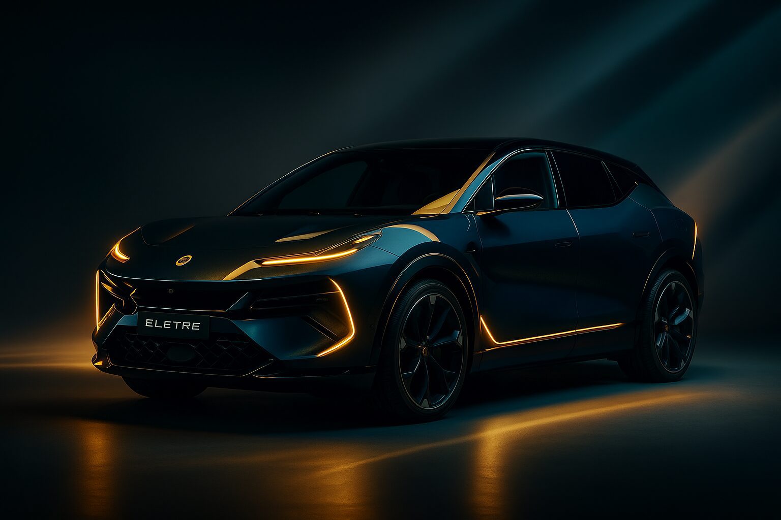 The Lotus Eletre electric SUV shown in sleek profile, combining sharp aerodynamic lines, advanced LED lighting, and luxury SUV presence in a futuristic setting.