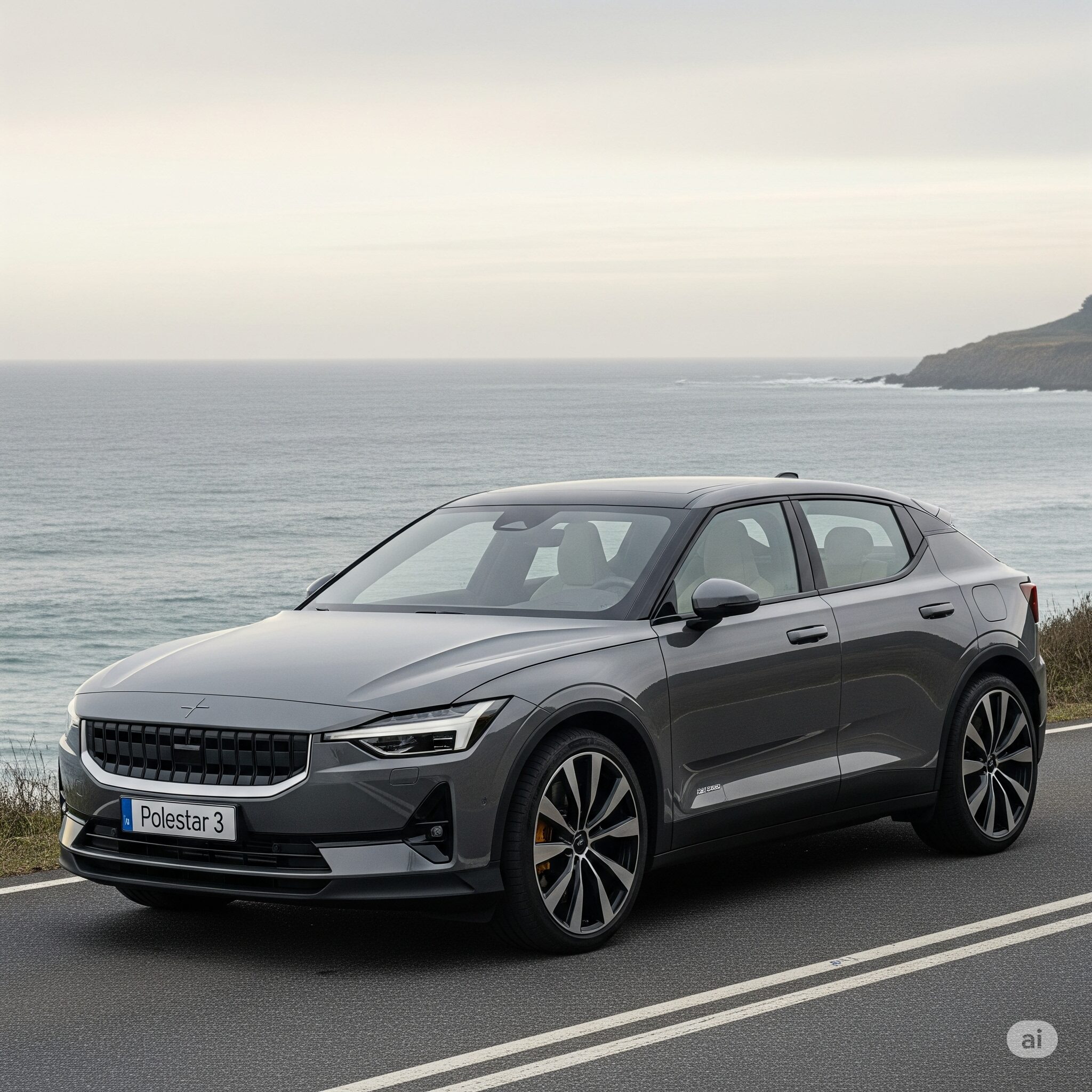 Polestar 3 electric SUV on a coastal road.