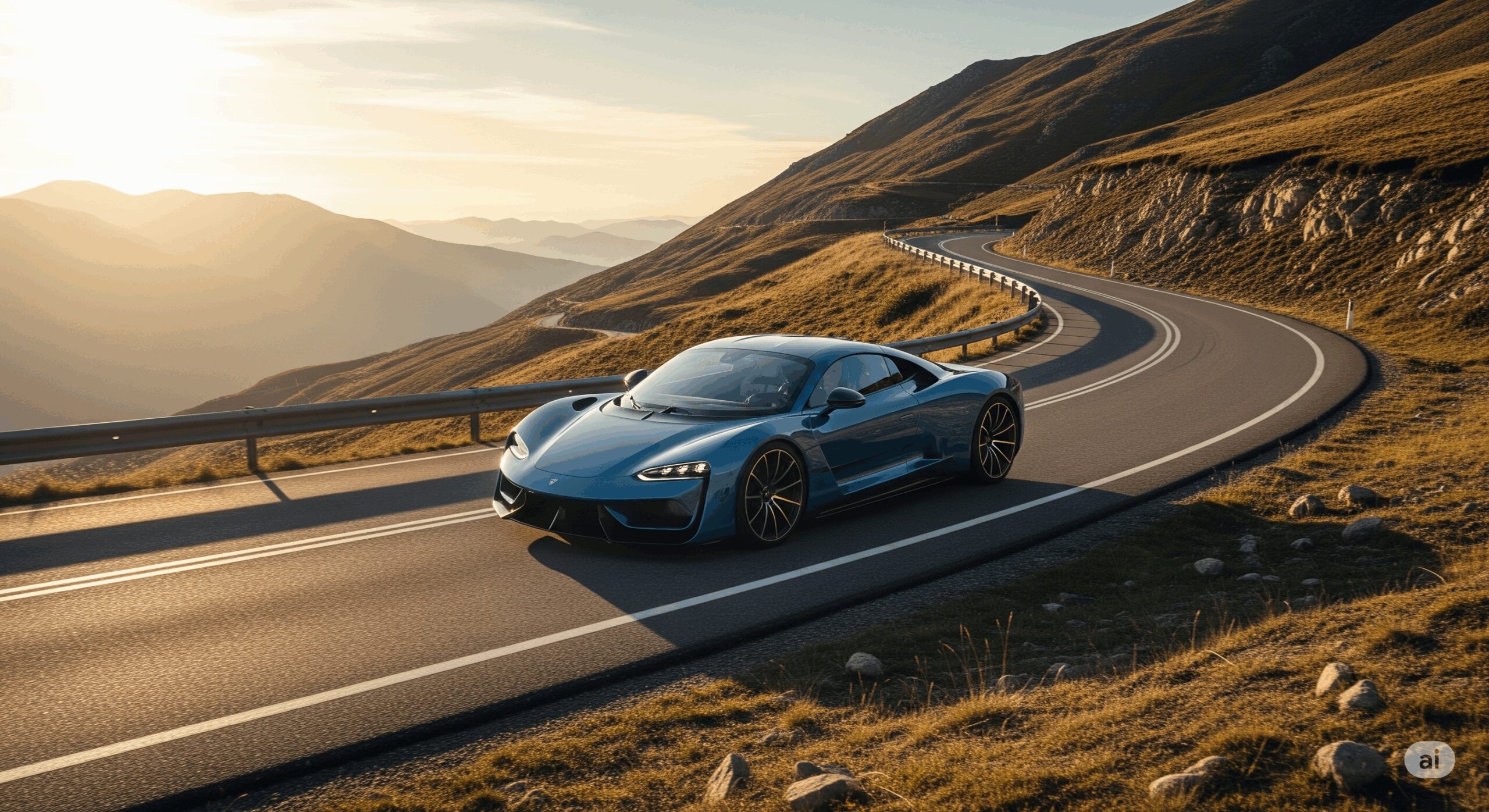 A landscape photograph of the Deus Vayanne, an all-electric hypercar, set against a stunning and dramatic natural landscape.