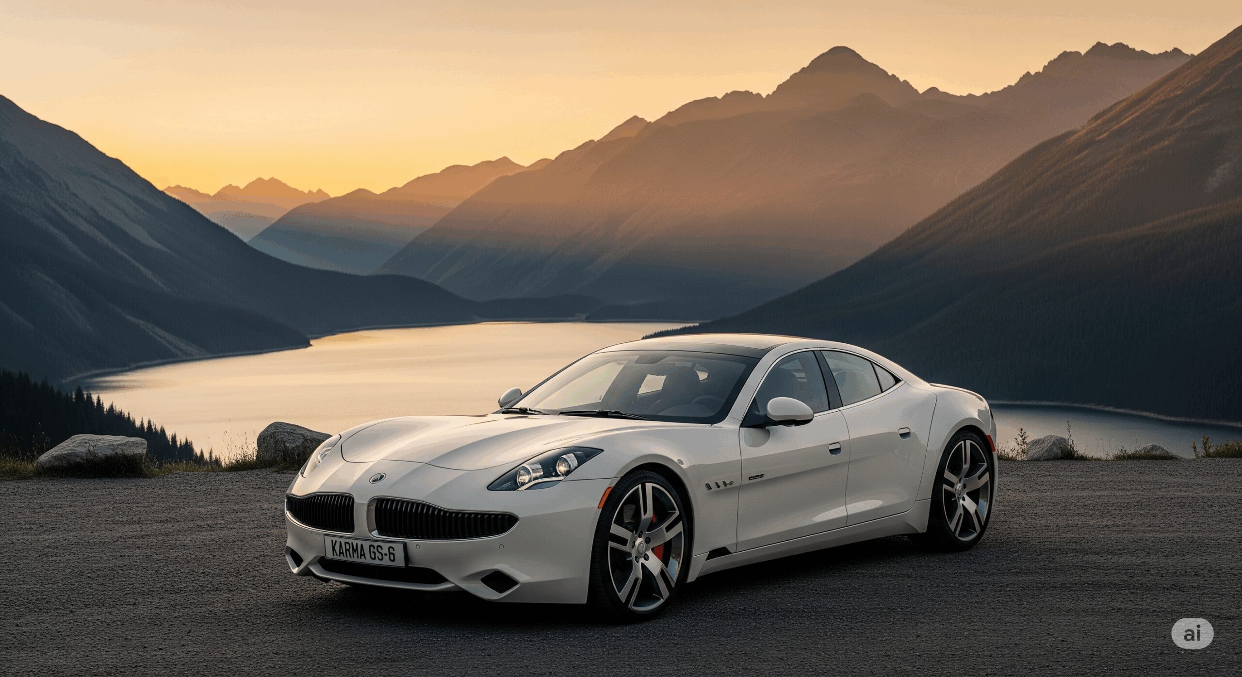 A landscape photograph of the Karma GS-6, a luxury electric sedan, parked in a scenic mountain setting during sunset.
