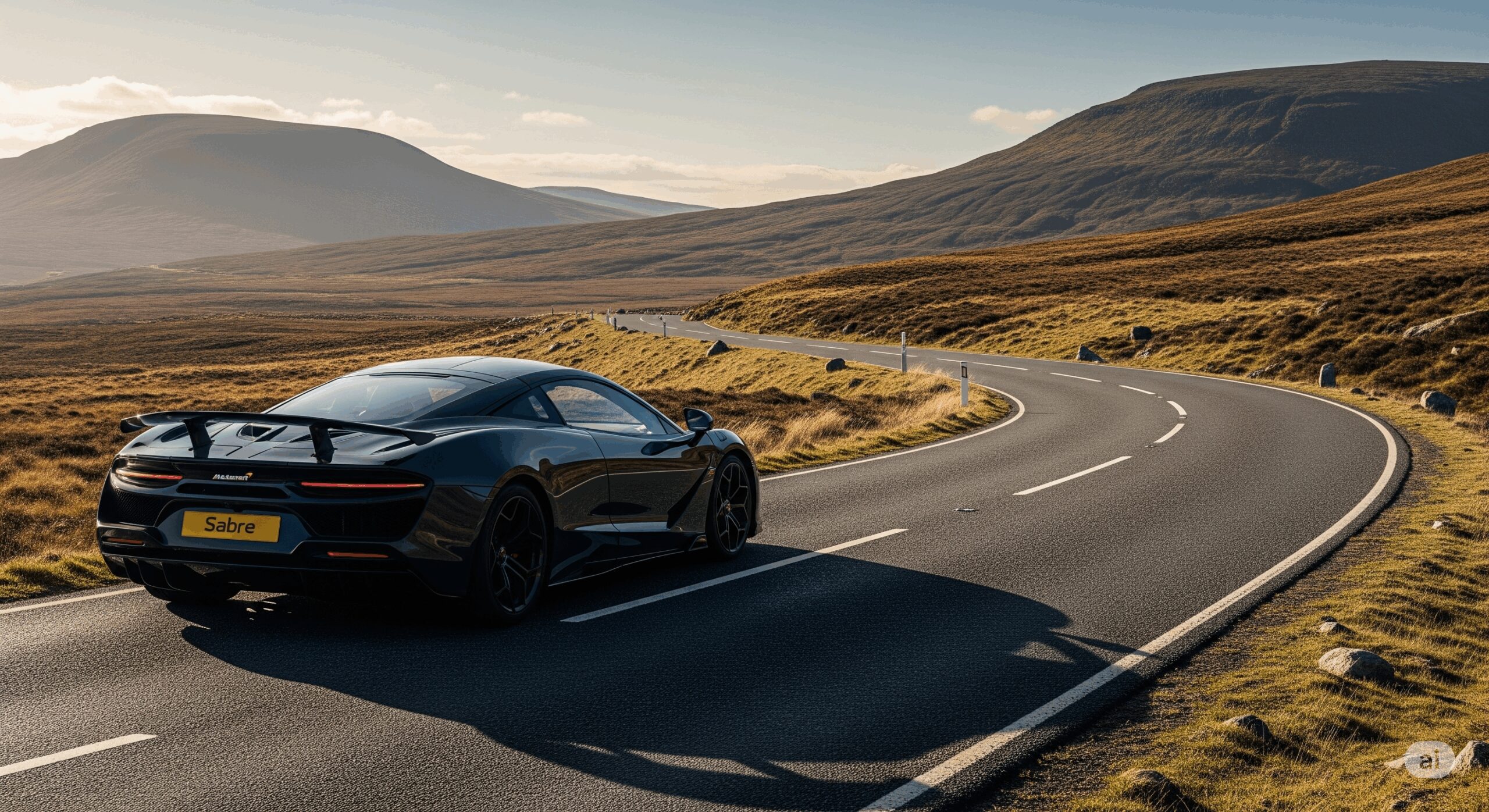 A landscape photograph of the McLaren Sabre, a hyper-exclusive and powerful hypercar, navigating a winding road in a dramatic, scenic environment.