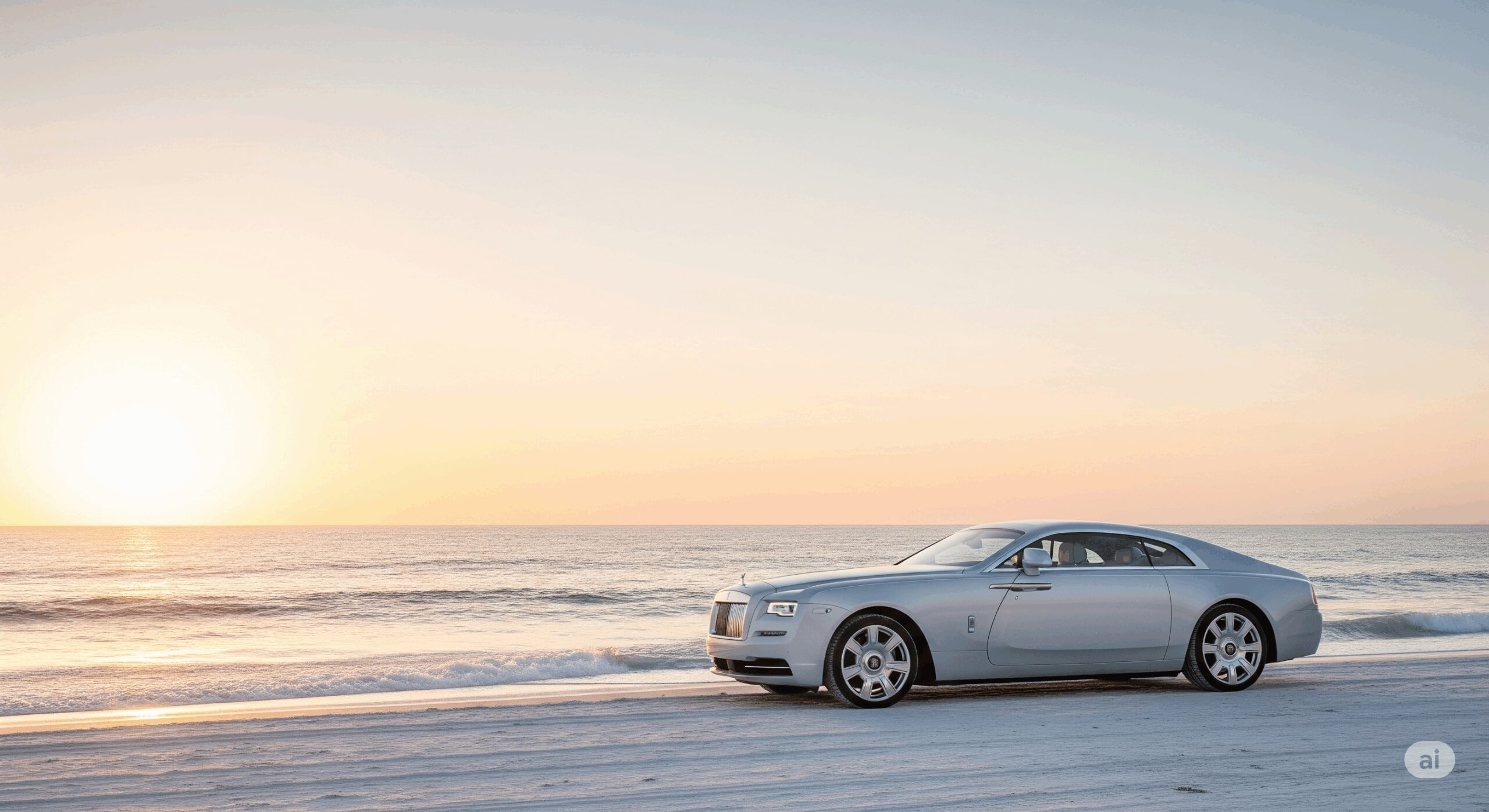 A landscape photograph of the Rolls-Royce Boat Tail, a luxurious and bespoke vehicle, set against a scenic coastal background at sunset.