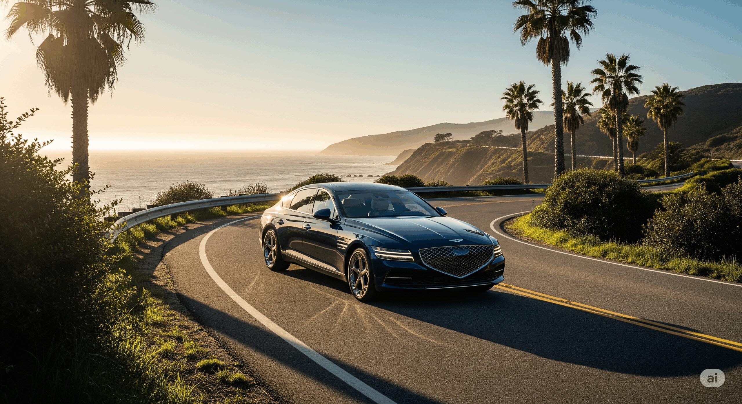 A blue Genesis G80 luxury sedan parked on a scenic coastal road at sunset, showcasing its elegant design and powerful stance.