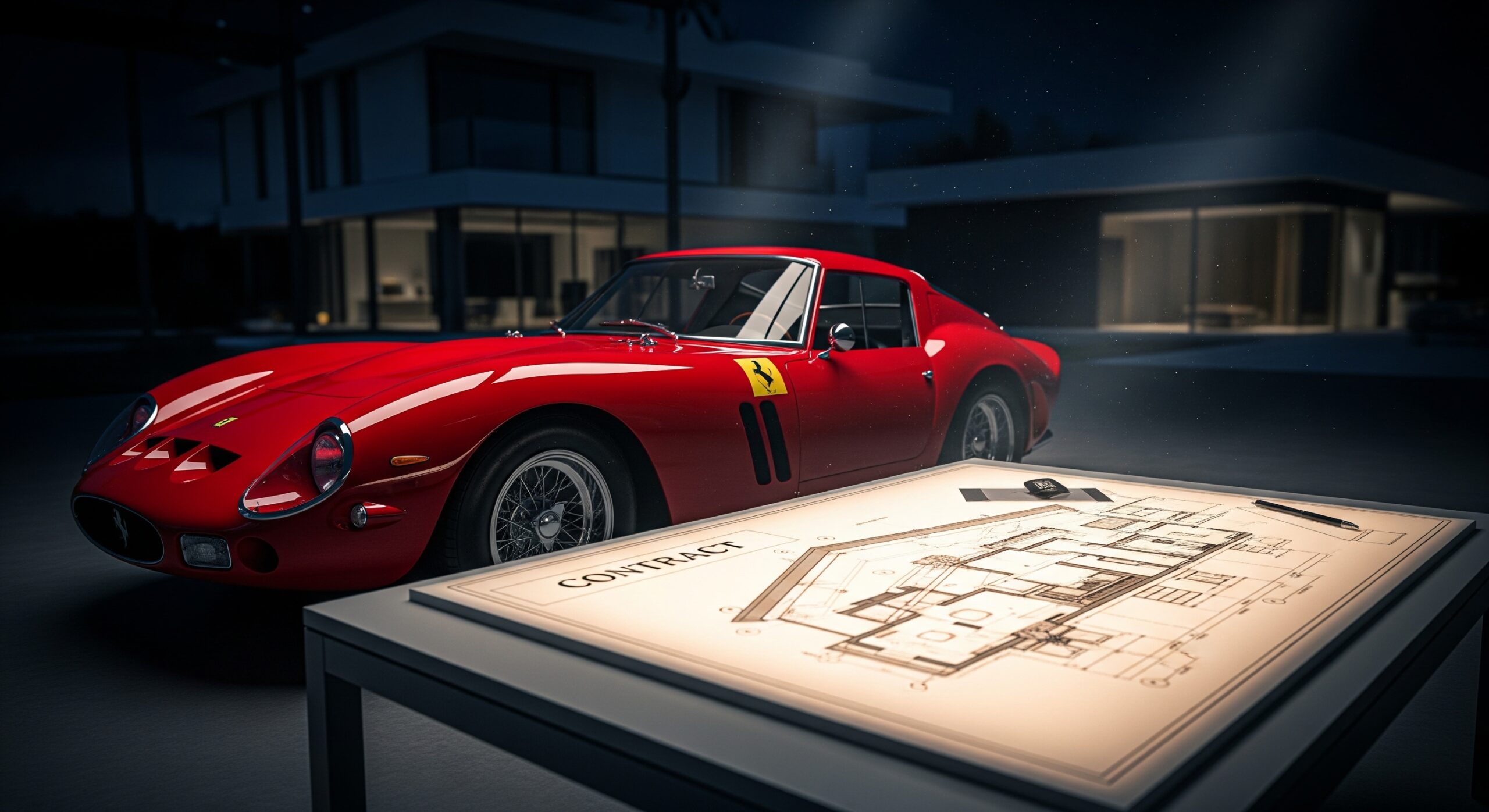 A red vintage Ferrari parked by a modern villa at night with architectural blueprints on a glowing table in front.
