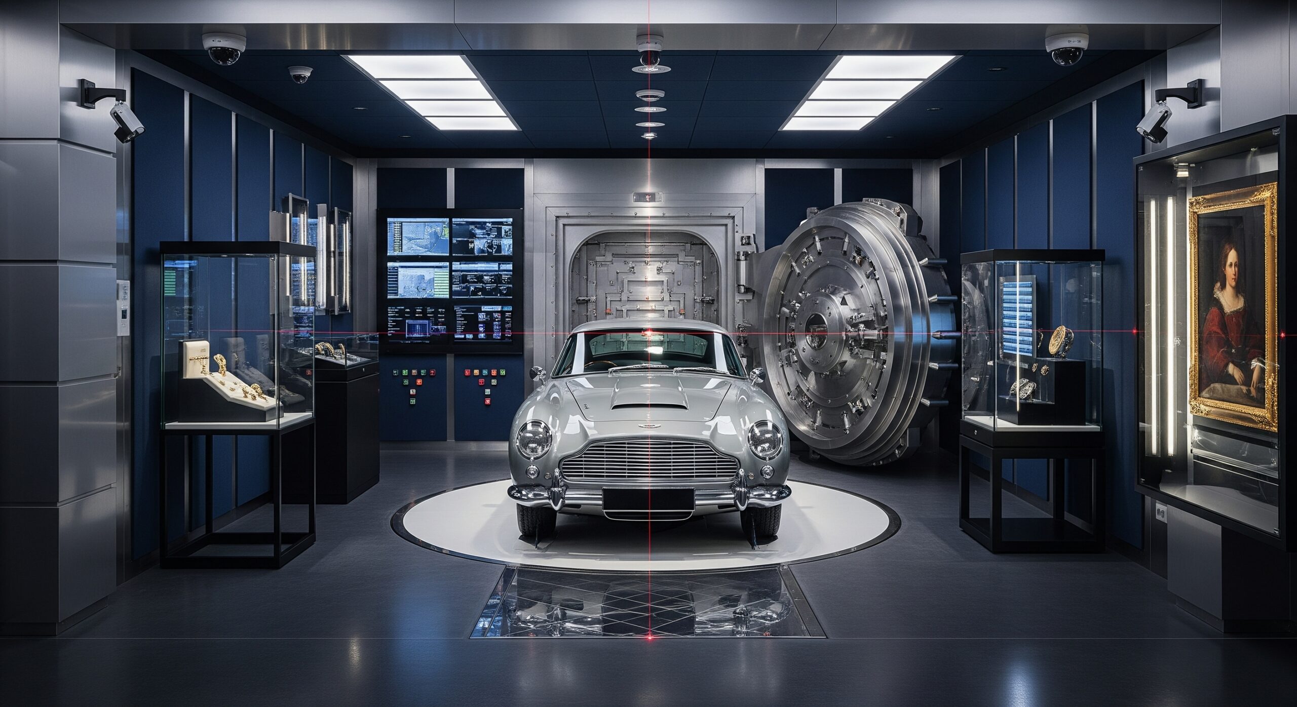 Silver classic car on a platform in a high-tech security vault with red laser beams and museum display cases.