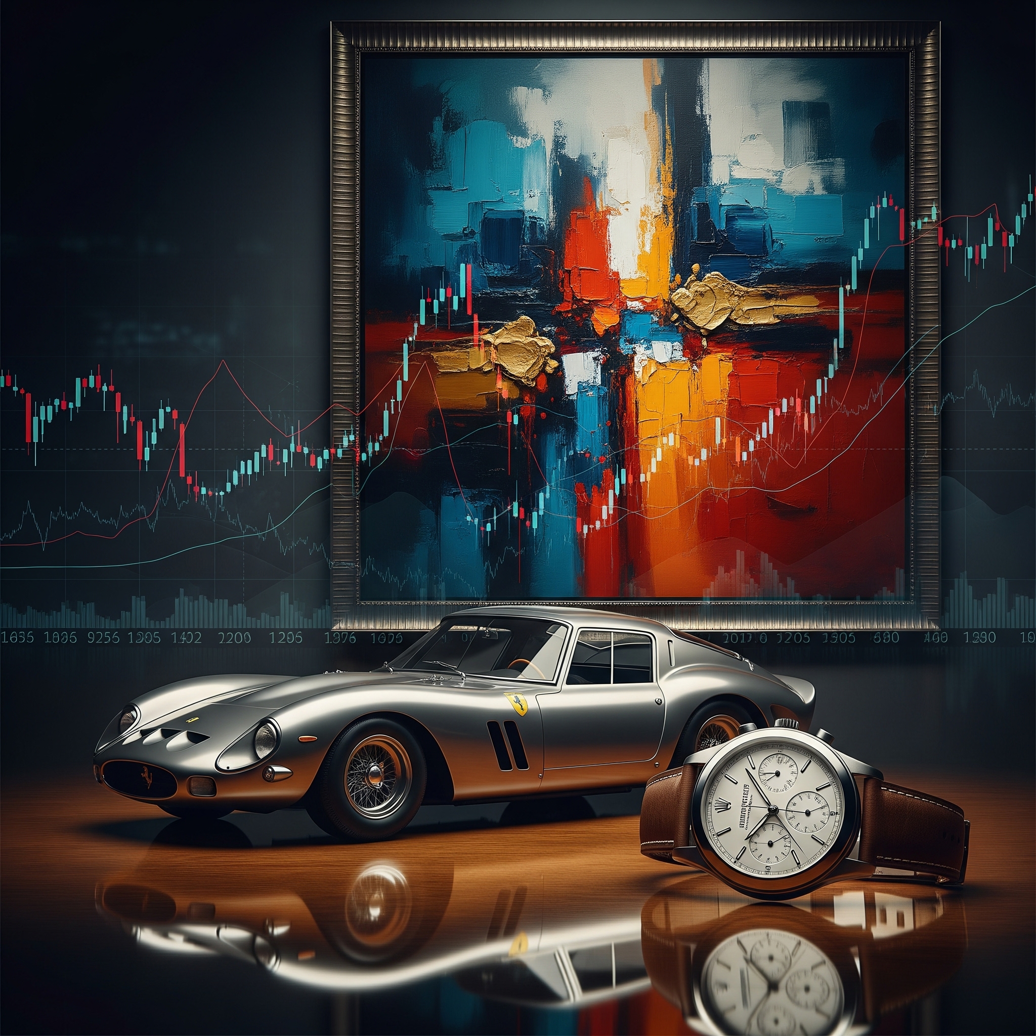 Silver sports car, luxury watch, and abstract art set against a stock market graph, representing luxury investments.