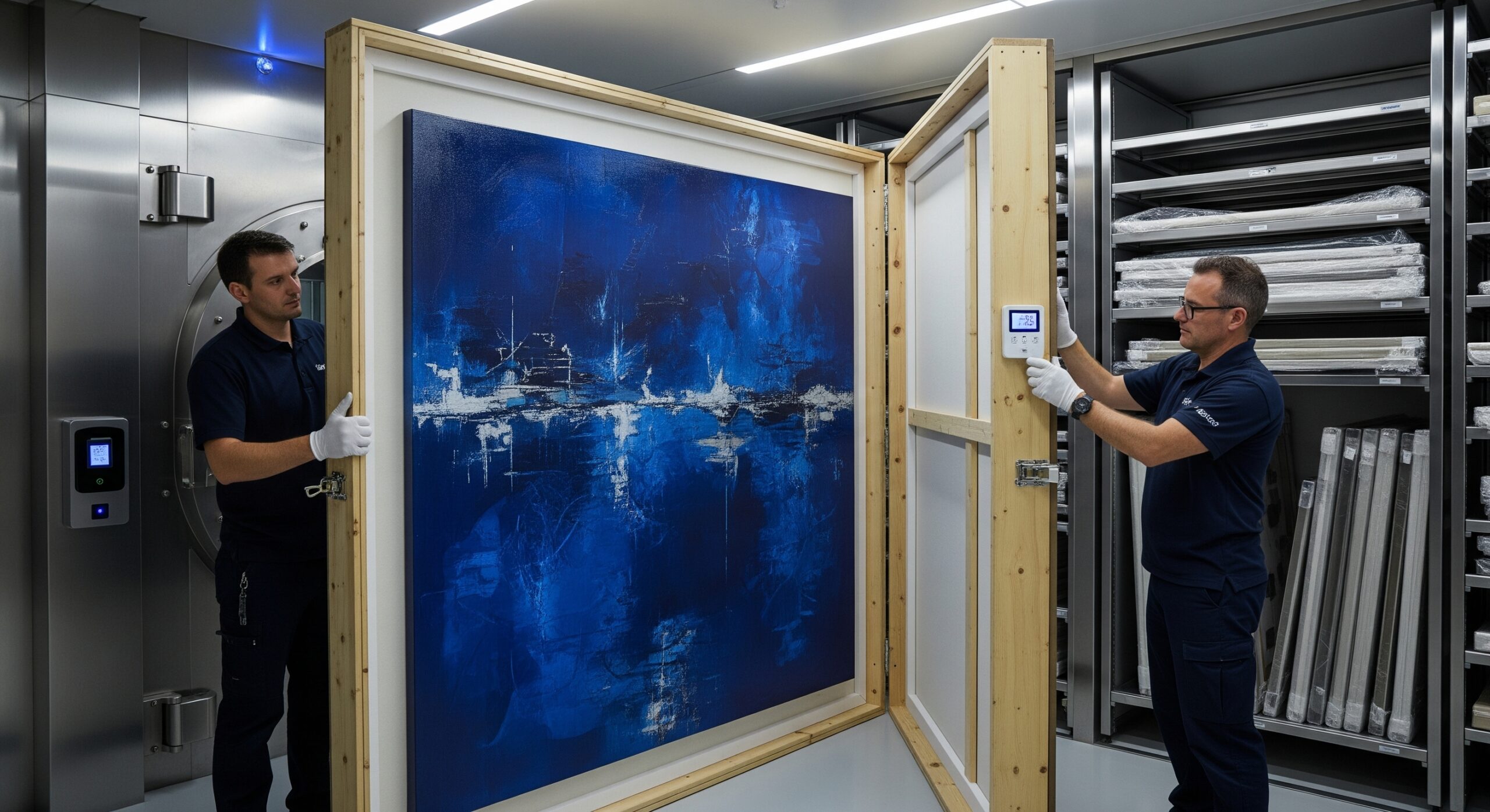 Two art handlers in a high-security vault inspect a large blue abstract painting inside a wooden crate.