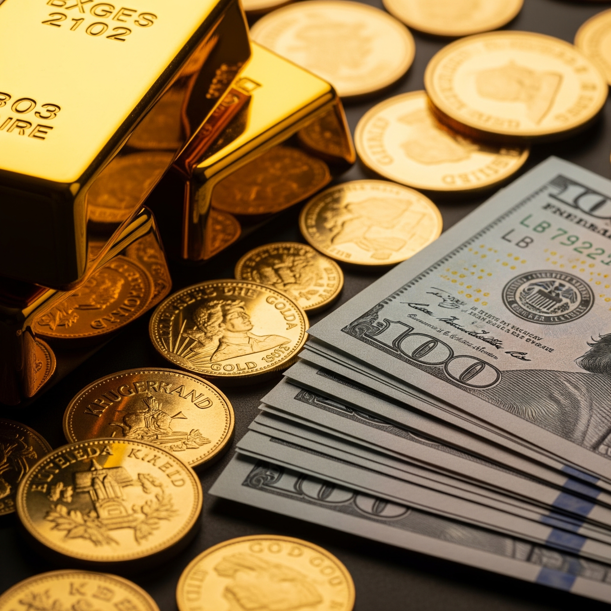 Gold bars, gold coins, and a stack of US 100-dollar bills representing wealth and investment.