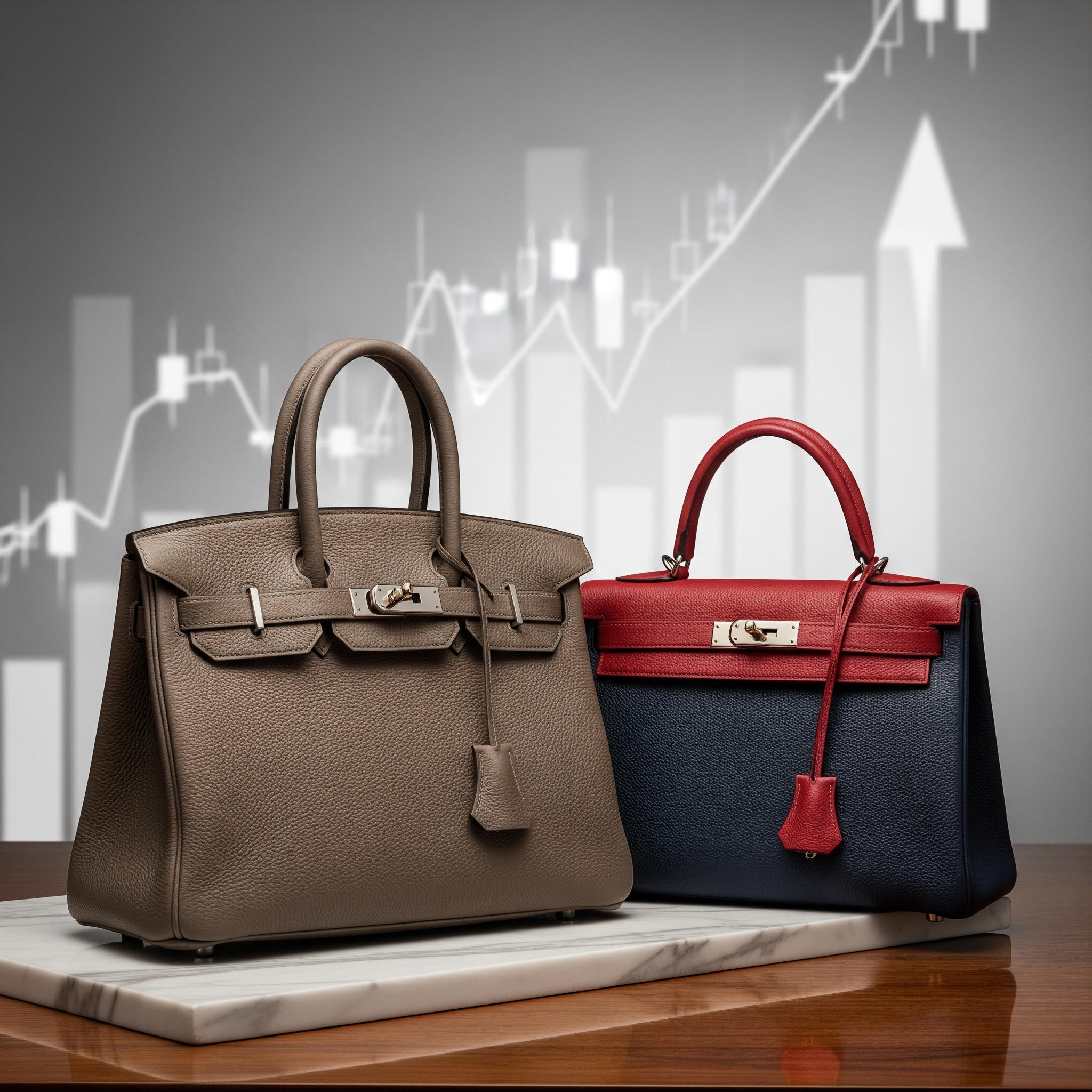 Tan and bicolor navy-red luxury handbags displayed against a blurred rising stock market chart background.