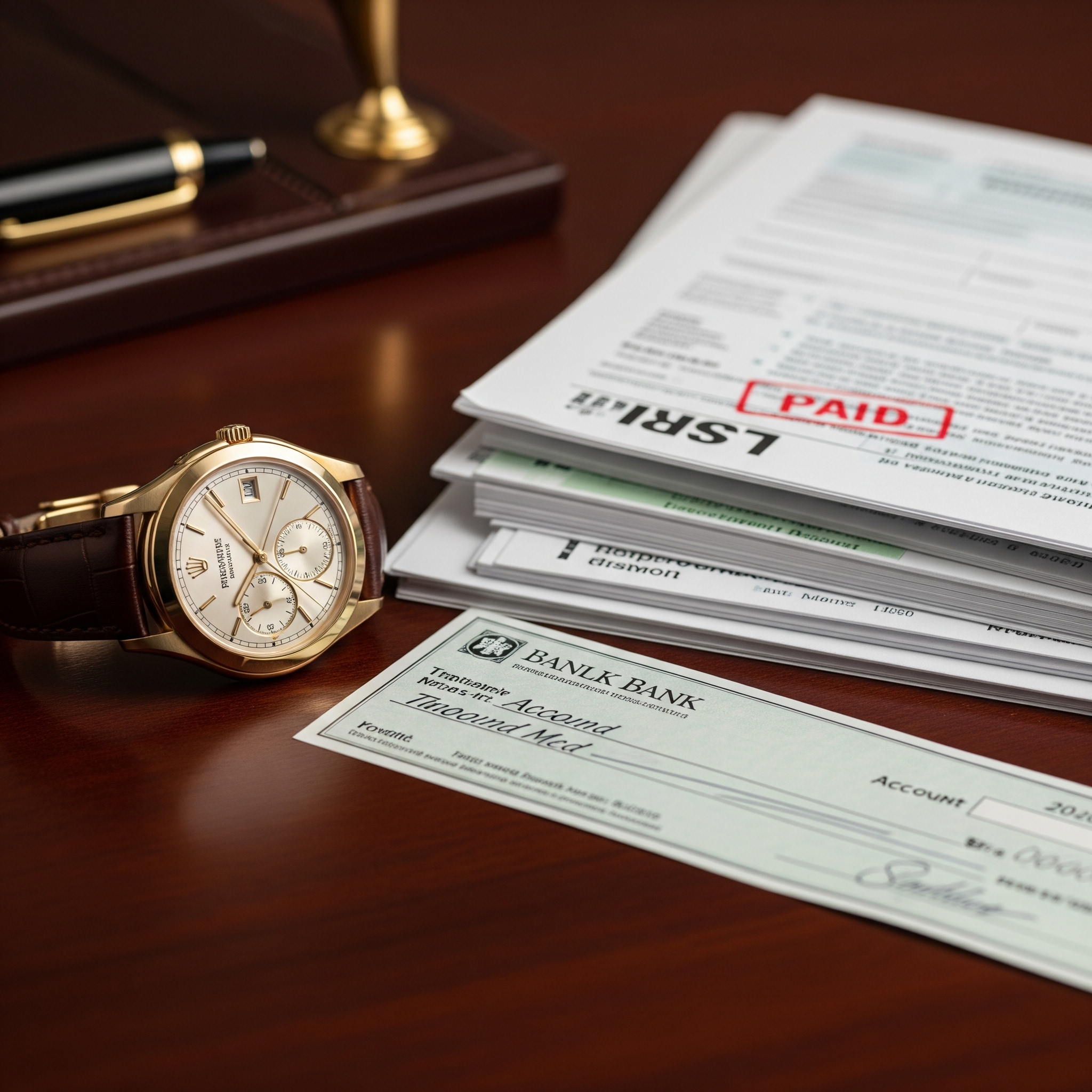 Luxury Lifestyle and Financial Success Still Life - Borro A gold luxury watch, a signed bank check, and a stack of paid invoices on a dark wooden desk.