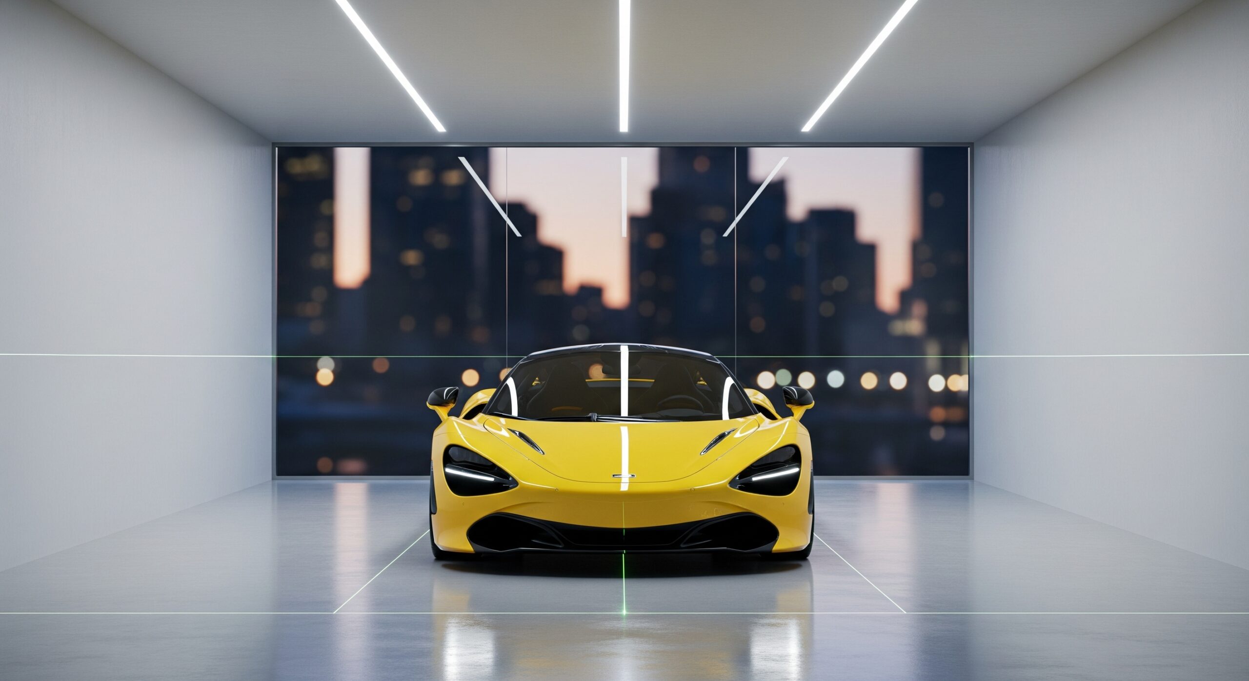 Bright yellow McLaren sports car centered in a modern white garage with a city skyline background at dusk.