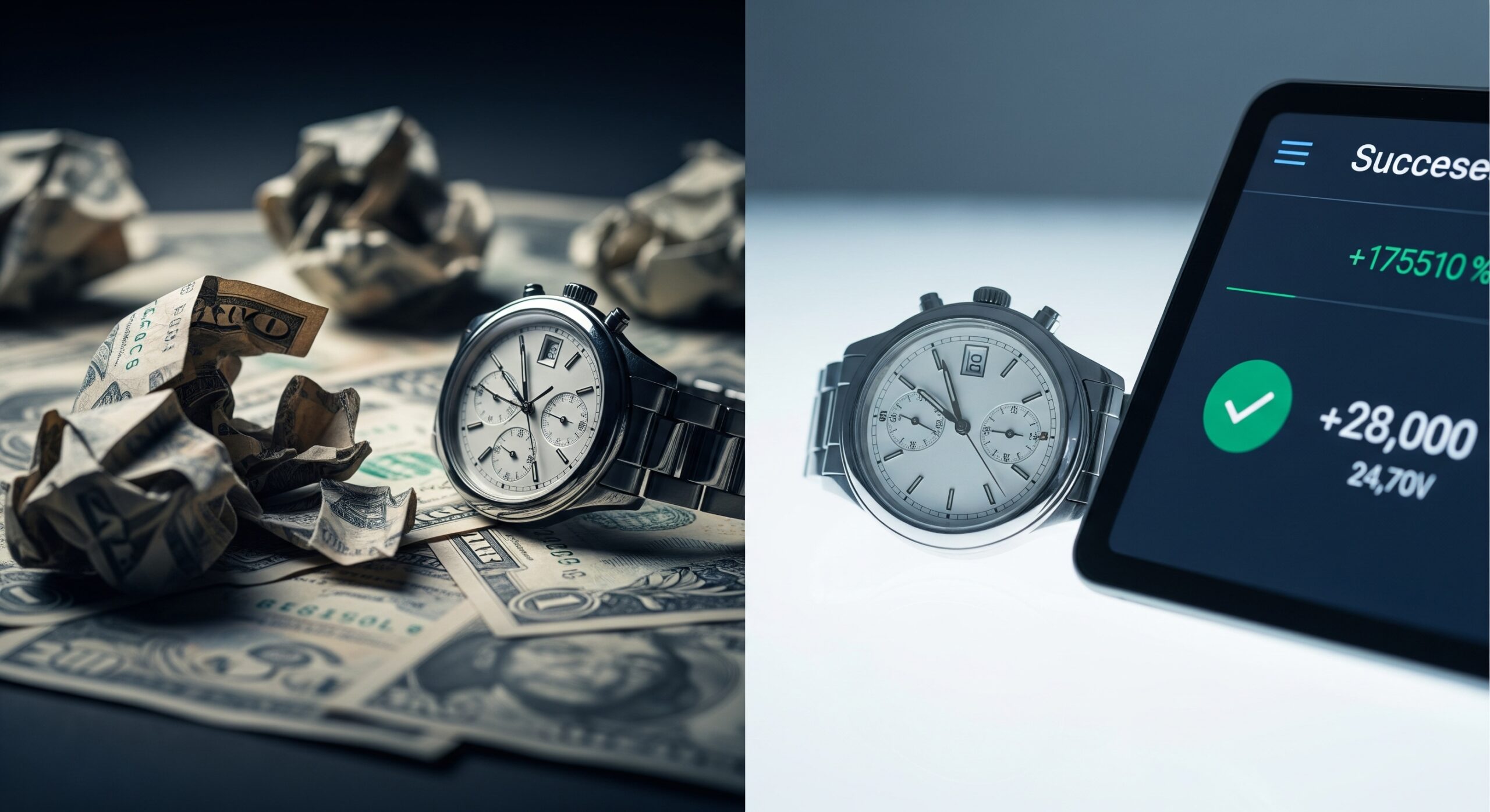 Split image of a silver watch on dollar bills next to a phone screen showing huge trading profits.