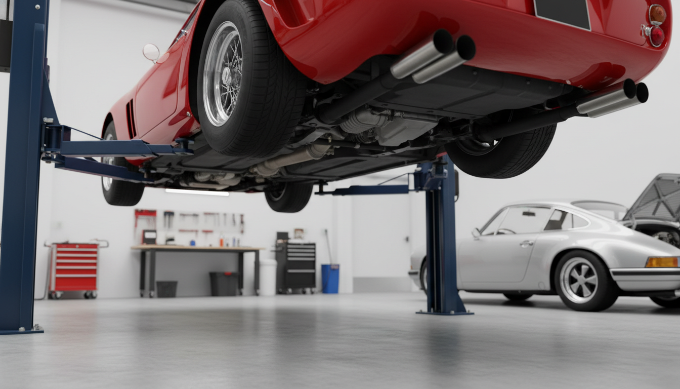 Undercarriage inspection of a classic Ferrari for loan valuation