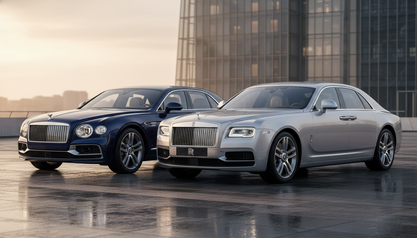 A dark blue Bentley Flying Spur and a silver Rolls-Royce Ghost parked side-by-side on a wet rooftop parking lot with a modern glass city building and sunrise in the background.