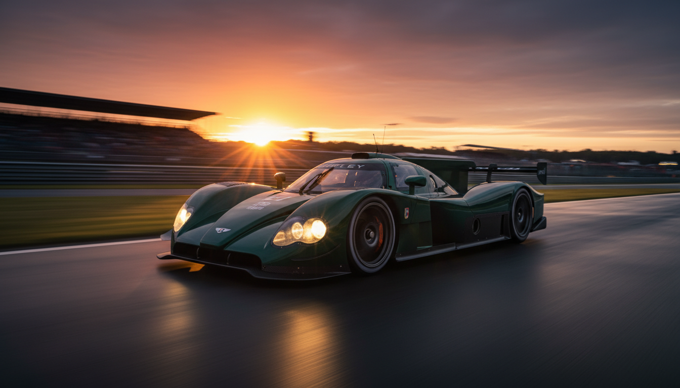 A dark green Bentley Speed 8 race car speeding on a racetrack at sunset, its headlights on and the low sun creating a bright lens flare.