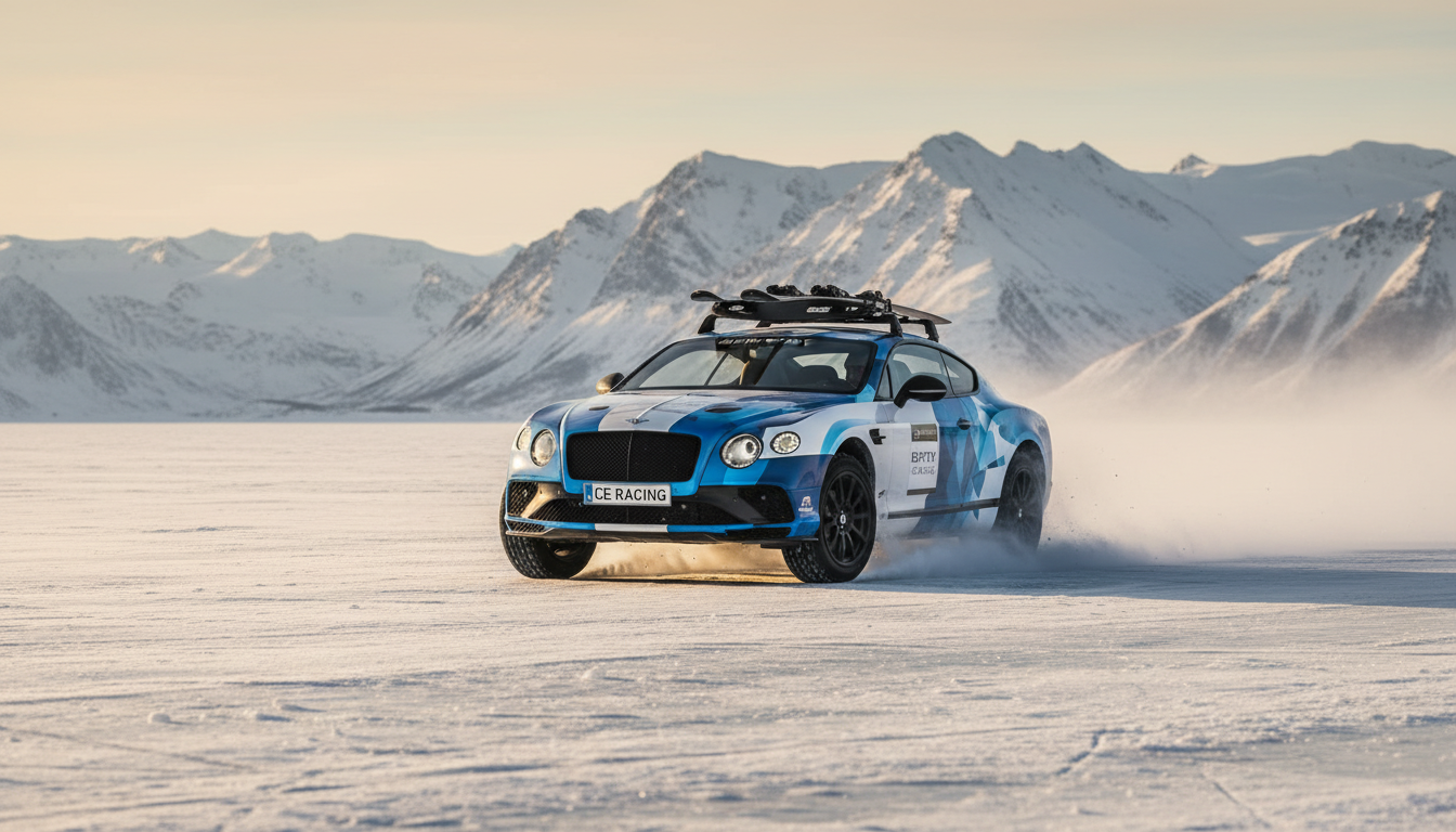A blue and white geometric patterned Bentley racing car with a roof rack and skis drifts across a snow-covered field with majestic, snow-capped mountains in the distance.