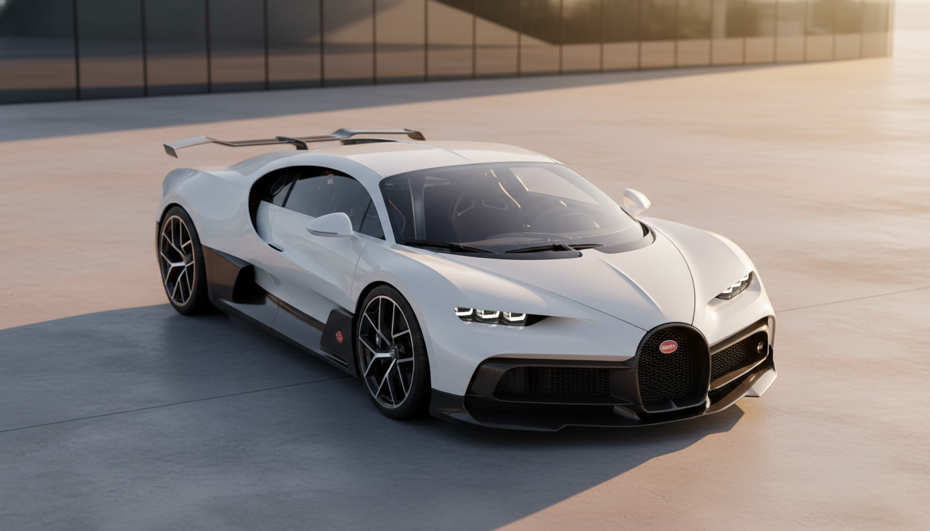 A white Bugatti Chiron Pur Sport parked on a concrete plaza during golden hour, highlighting its aerodynamic design and carbon fiber accents.