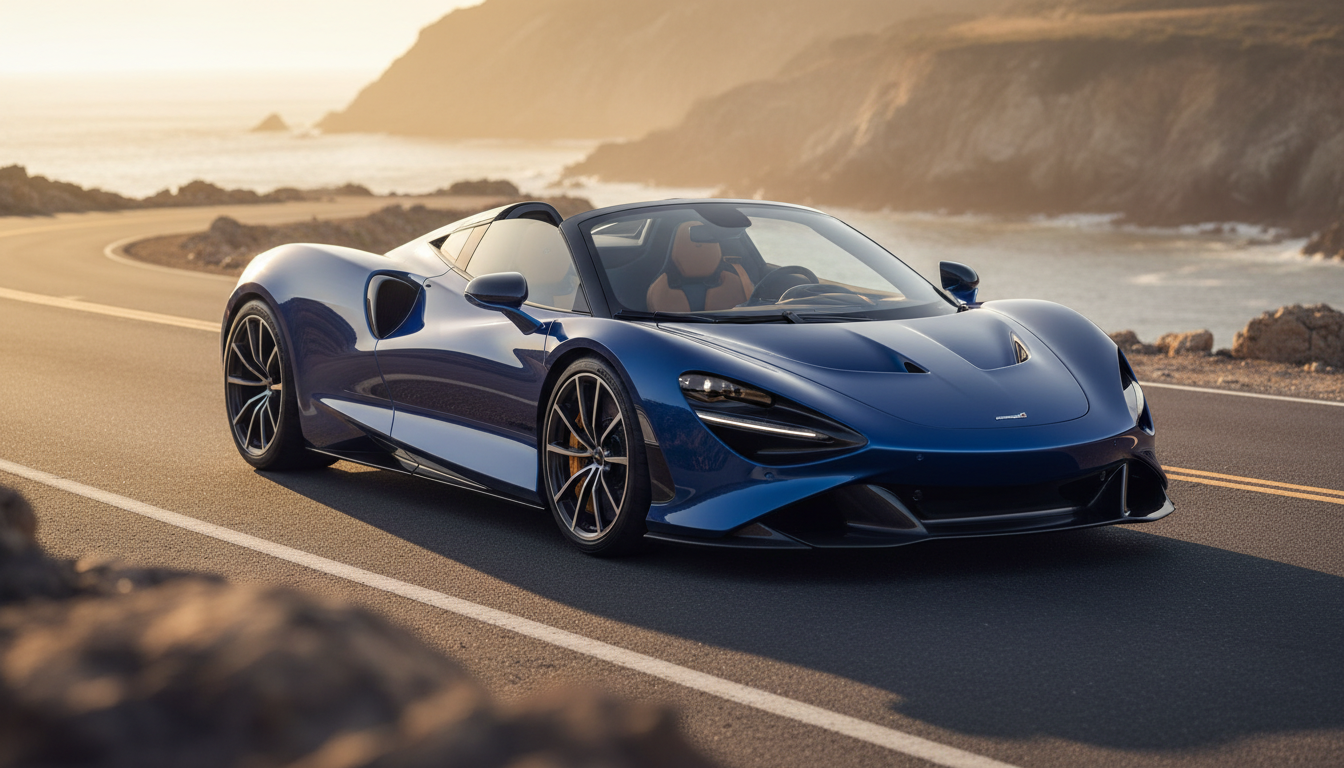 A metallic blue McLaren 750S Spider convertible parked on a scenic winding coastal road during sunset with rugged cliffs and the ocean in the background.
