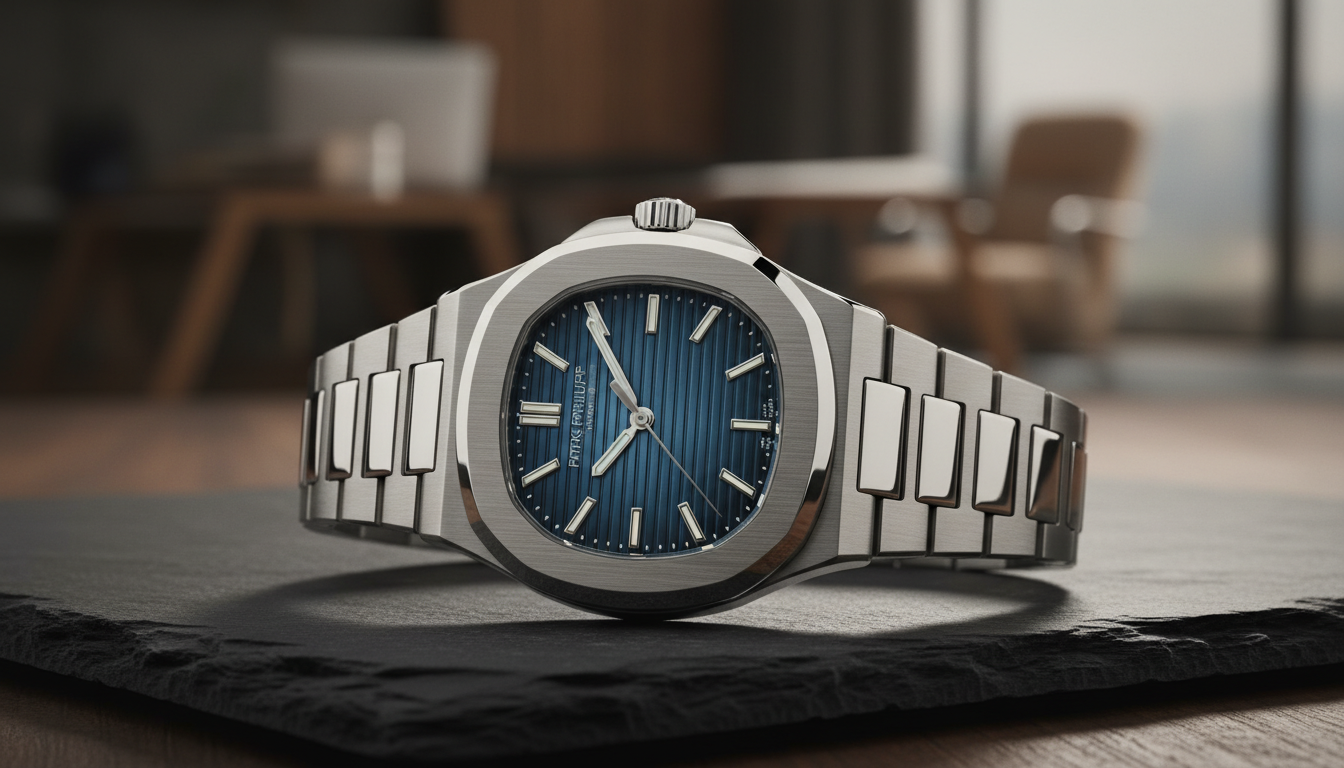 A luxury stainless steel wristwatch with a blue ribbed dial resting on a dark, textured stone slab in a blurred office setting.