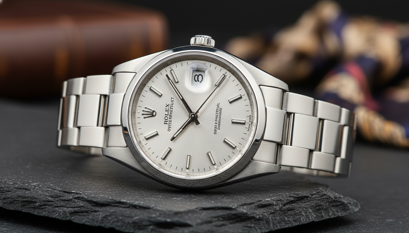 A close-up photograph of a stainless steel Rolex Oyster Perpetual Date watch. The watch features a silver sunburst dial, baton hour markers, and a date window with a cyclops lens at the 3 o'clock position. It is fitted with an Oyster bracelet and rests on a piece of dark, textured slate.