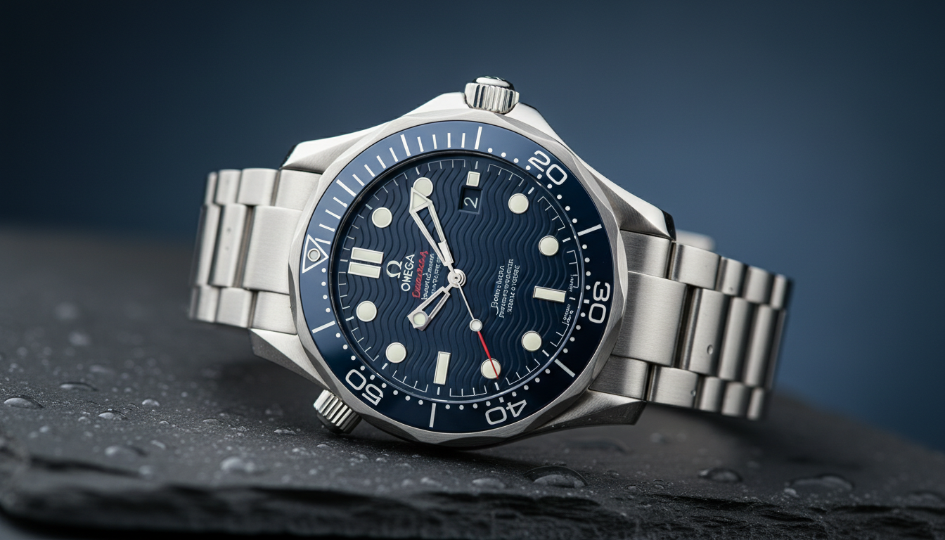 A luxury stainless steel dive watch with a blue wave-patterned dial and matching blue bezel, resting on a wet, dark stone surface with water droplets.