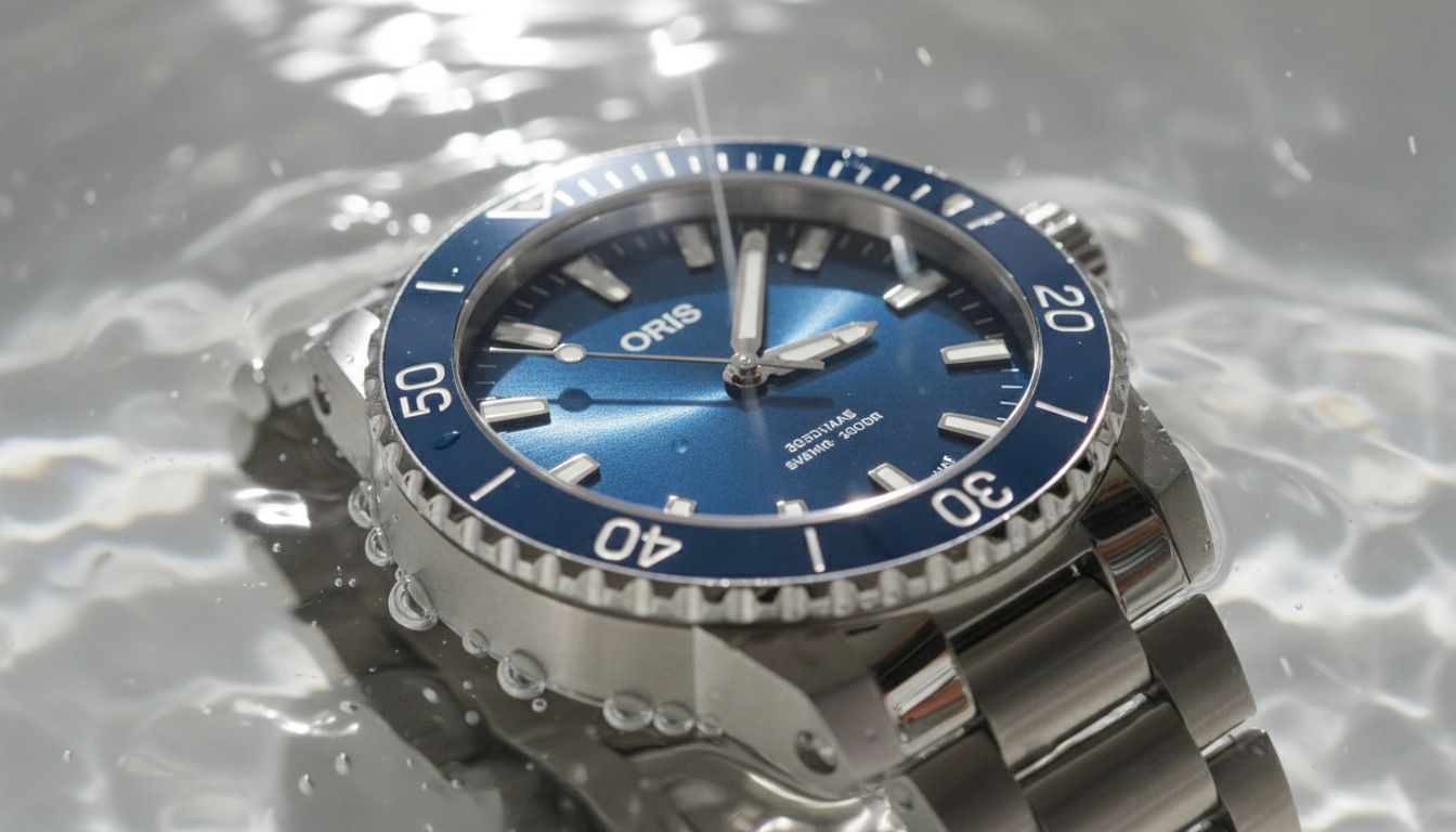 Close-up of a silver Oris dive watch with a blue dial and blue bezel, partially submerged in rippling water with visible water droplets.