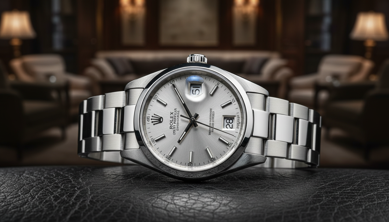 A silver-toned luxury wristwatch with a sunburst dial and stainless steel bracelet resting horizontally on a black textured leather surface. The background is a dimly lit, sophisticated lounge with warm lamps and plush armchairs, softly blurred.