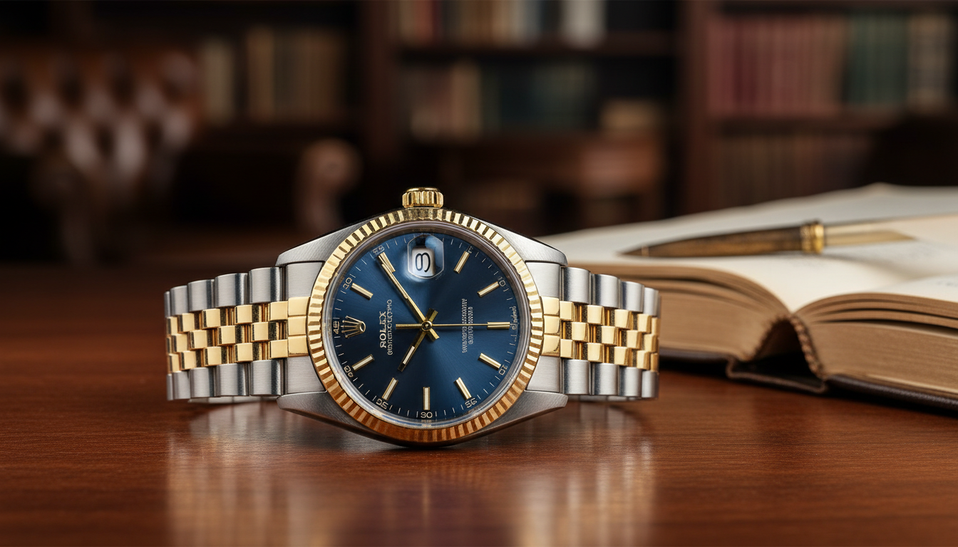 A two-tone silver and gold Rolex Datejust luxury watch with a blue sunray dial and Jubilee bracelet resting on a wooden table in a classic library setting.