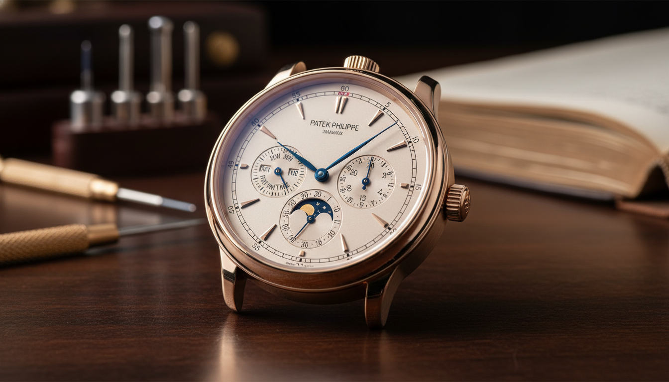 A rose gold Patek Philippe perpetual calendar chronograph watch showcased on a wooden surface with watchmaking tools and a book in the background.