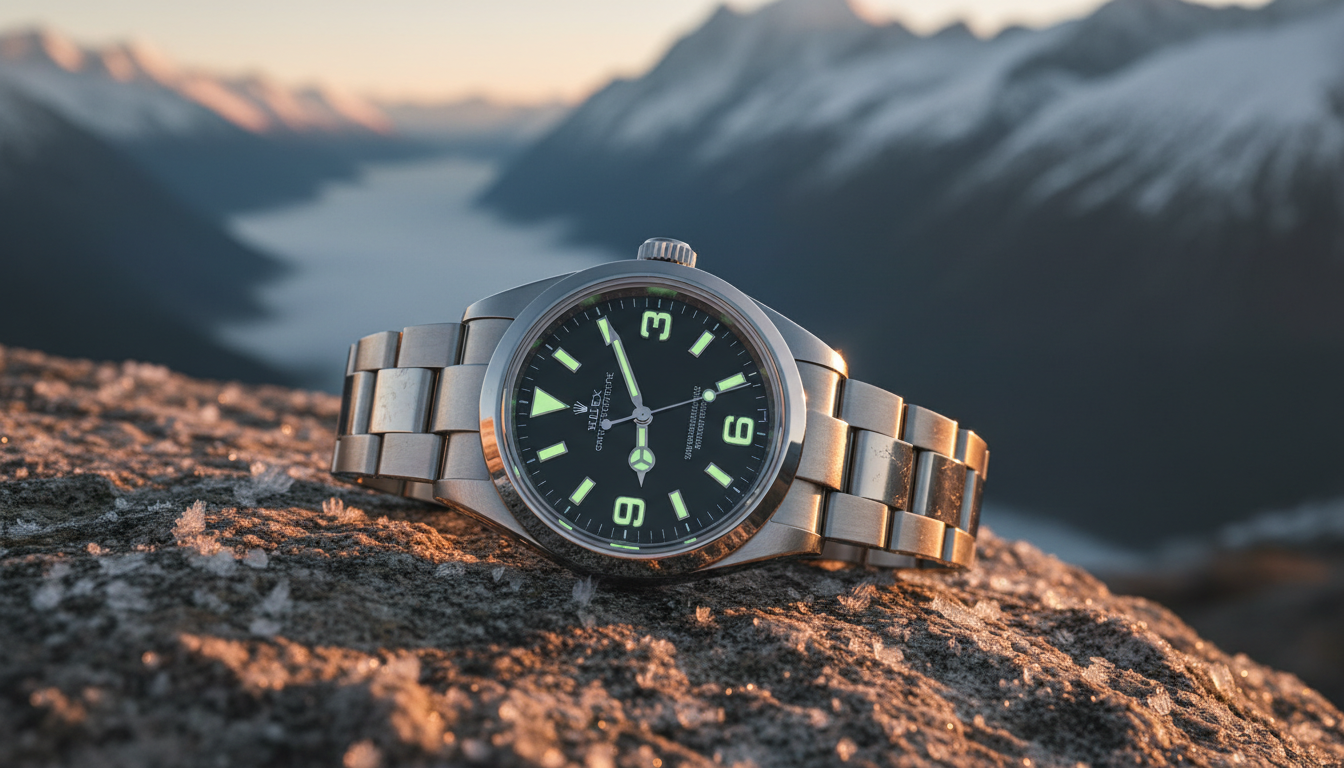 A close-up of a Rolex Explorer watch with glowing green luminous markers resting on a frost-covered rock, with a breathtaking background of snow-capped mountains and a fjord under a warm golden light.