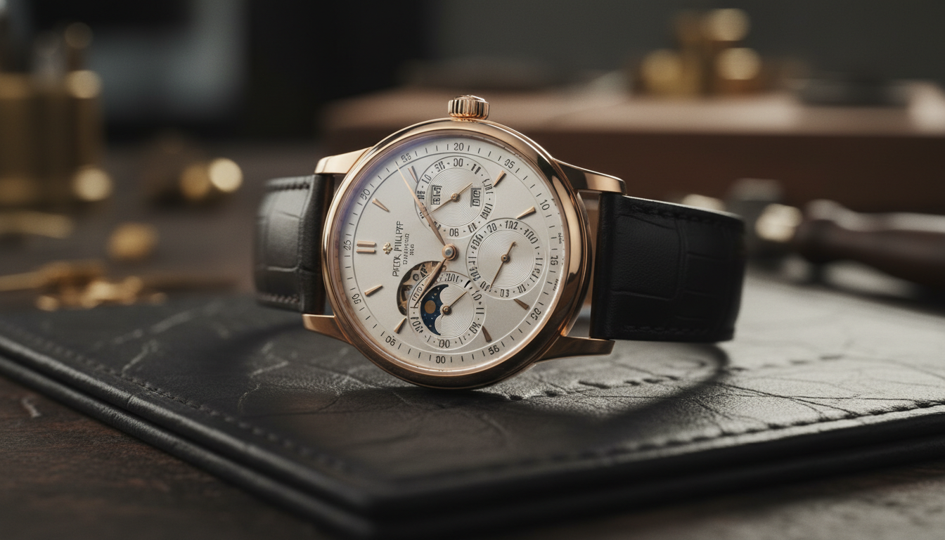 Close-up of a luxury rose gold chronograph watch with an intricate white dial and black leather strap, resting on a black leather mat in a workshop.