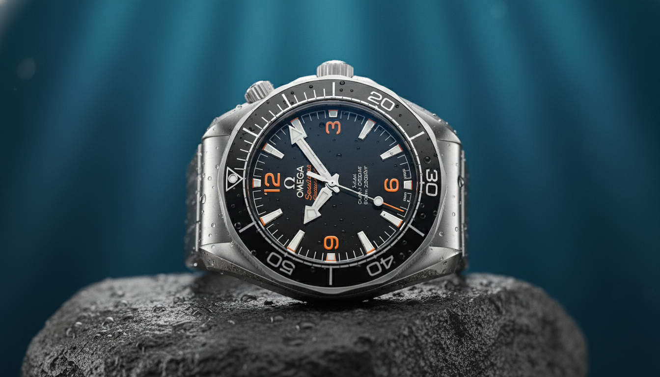 A close-up of a stainless steel Omega Seamaster Planet Ocean watch with a black dial and orange numerals, covered in water droplets and resting on a dark rock against a deep blue, light-streaked background.