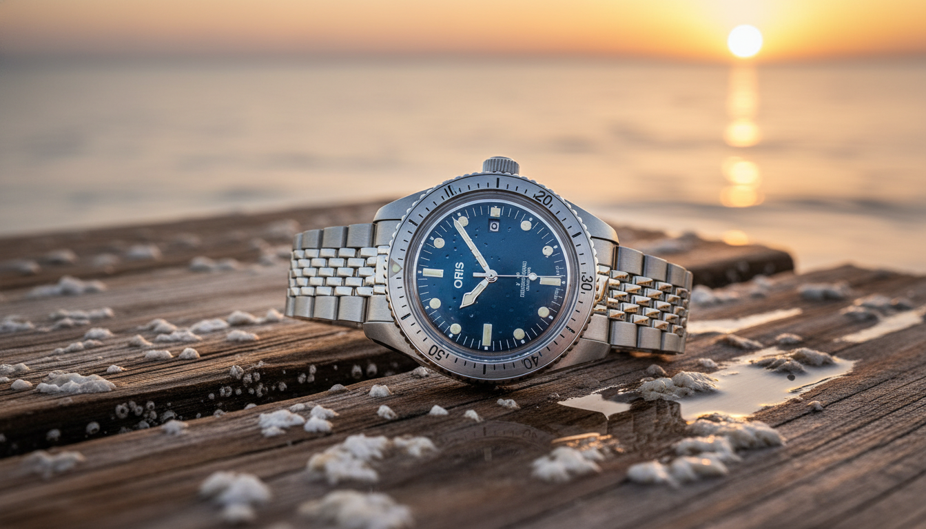 A silver Oris wristwatch with a deep blue dial and stainless steel link bracelet rests on a weathered wooden pier. In the background, a brilliant orange sun sets over a calm ocean, casting a golden reflection on the water's surface.