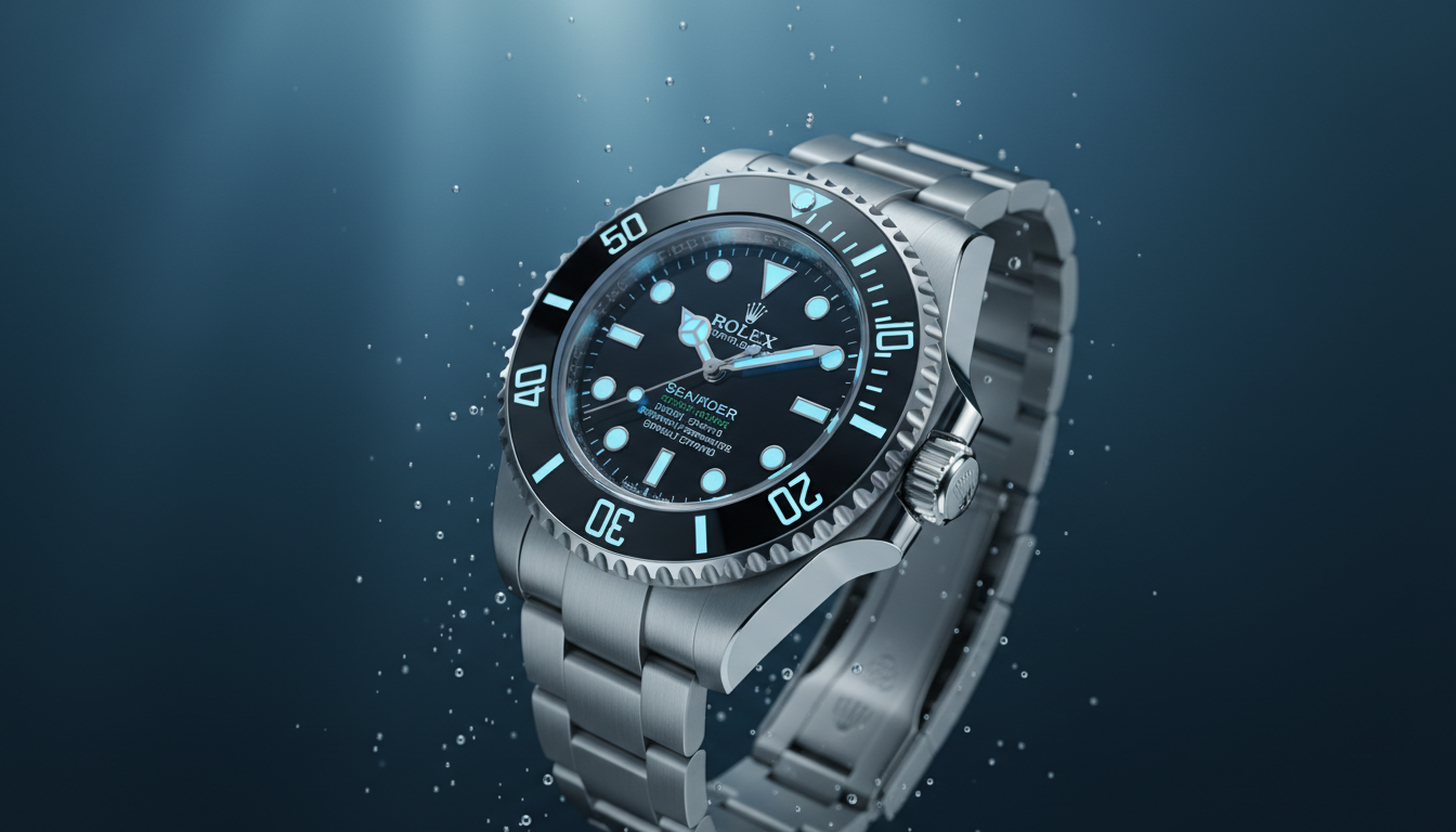 A high-end stainless steel Rolex Sea-Dweller dive watch suspended in a deep blue underwater environment, featuring glowing luminous dial markers and surrounded by delicate air bubbles.