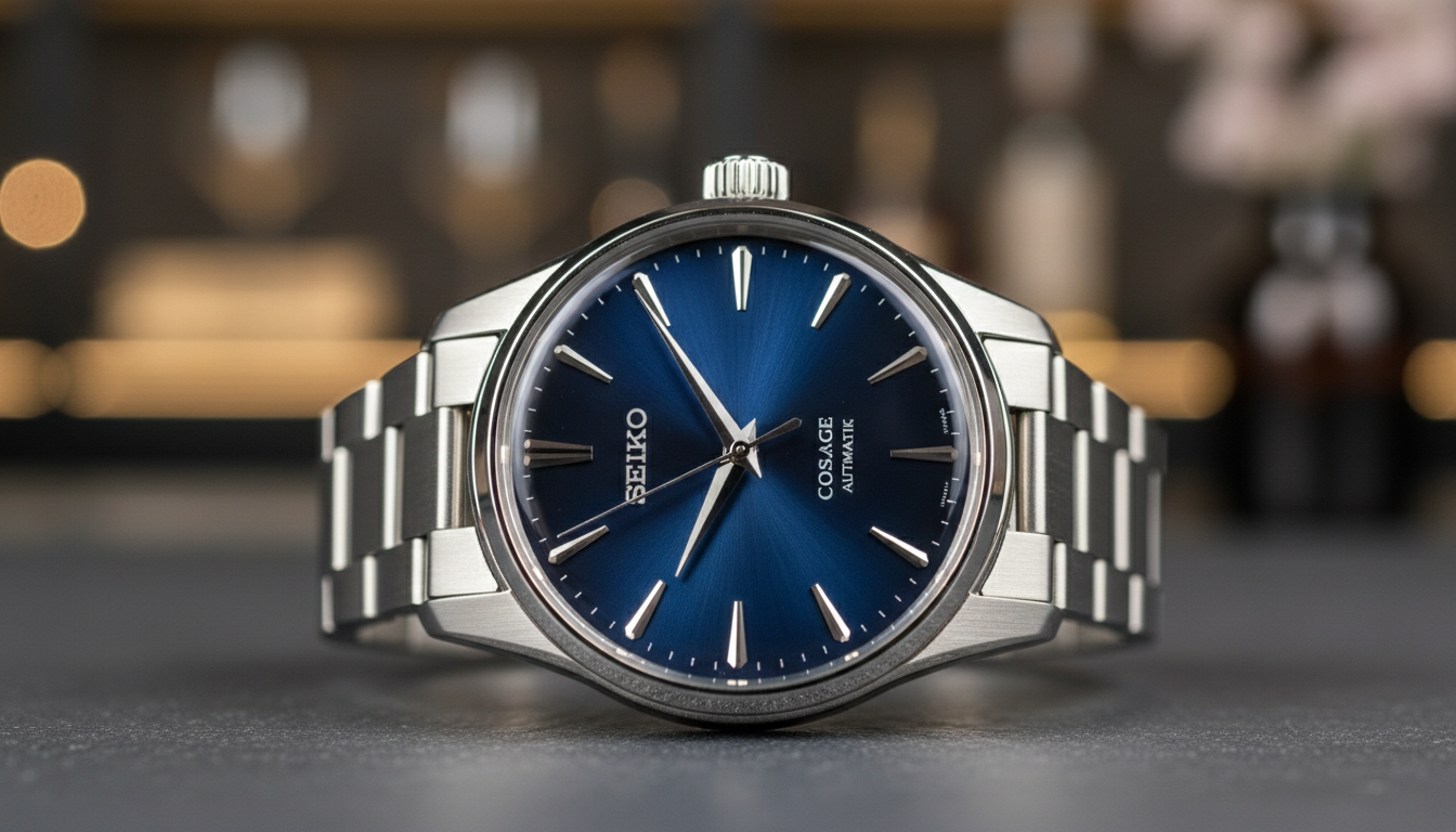 A close-up photograph of a Seiko Presage automatic watch with a vibrant blue sunburst dial, polished silver-tone hour markers, and a stainless steel link bracelet, set against a blurred lounge background.