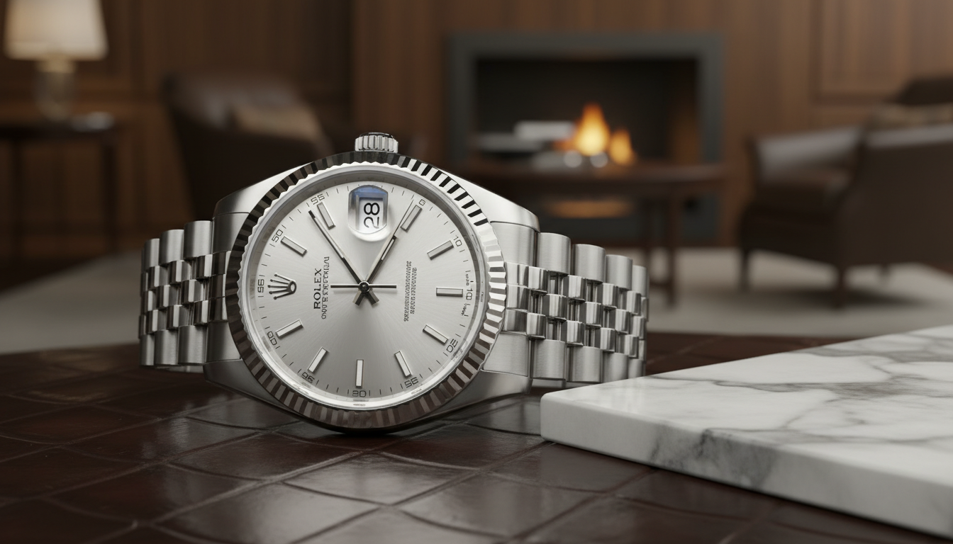 Close-up of a silver Rolex Datejust luxury watch with a Jubilee bracelet and fluted bezel, resting on a dark brown leather surface next to a white marble block, with a warm, out-of-focus fireplace in the background.