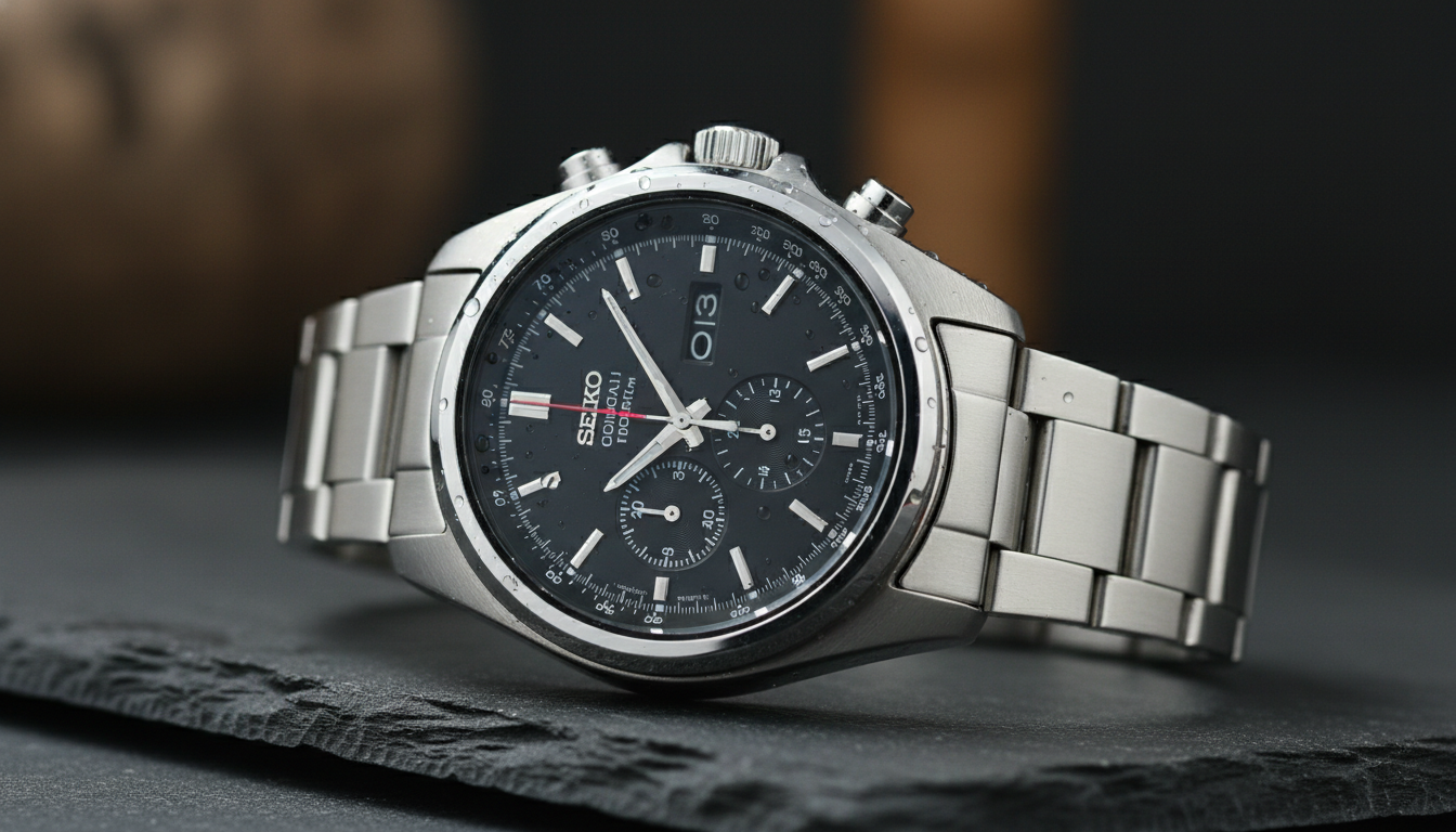 A close-up of a silver stainless steel Seiko chronograph watch with a black dial and two sub-dials, covered in small water droplets, resting on a dark textured slate surface.